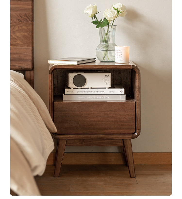 Black Walnut Solid Wood Modern Nightstand - Small Bedside Table with Storage Drawer for Bedroom, Living Room, or Office
