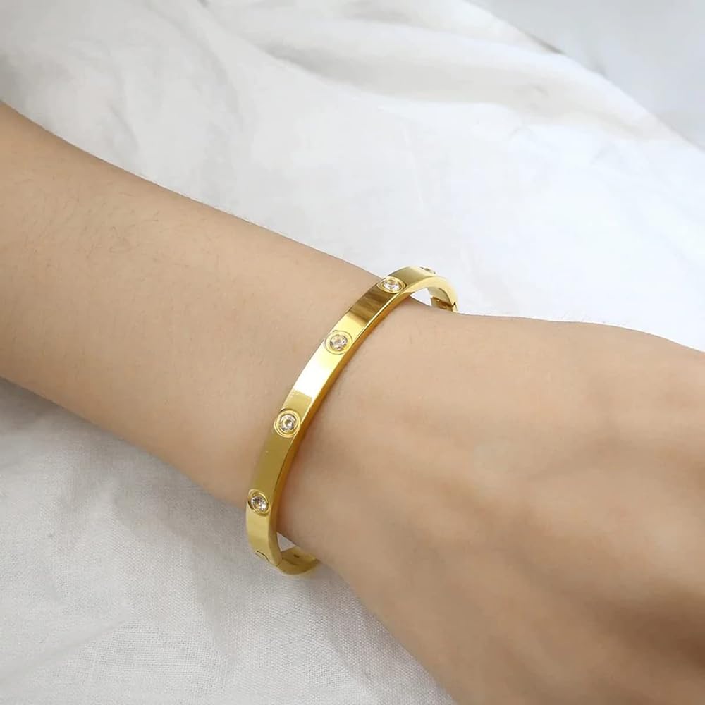 18K Gold Plated Stainless Steel Crystal Bracelet for Women - Adjustable Openable Cuff Bangle | Elegant Jewelry Gift for Mother, Sister, Wife, Girlfriend | Anti-Tarnish, Hypoallergenic | Perfect for Weddings, Anniversaries, Date Nights & Special Occasions
