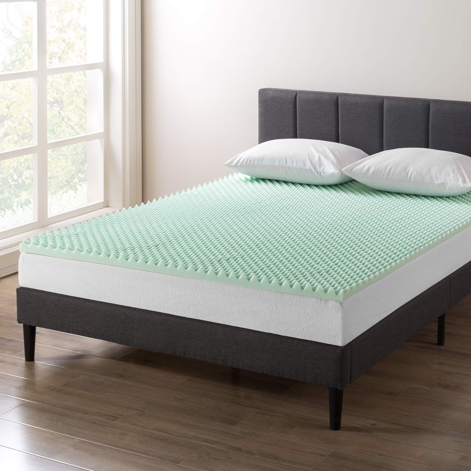 2 Inch Egg Crate Memory Foam Mattress Topper with Aloe Infusion - CertiPUR-US Certified, Cooling & Pressure Relief, King Size, Green | Perfect for Back Pain Relief, Guest Beds & Dorm Room Comfort
