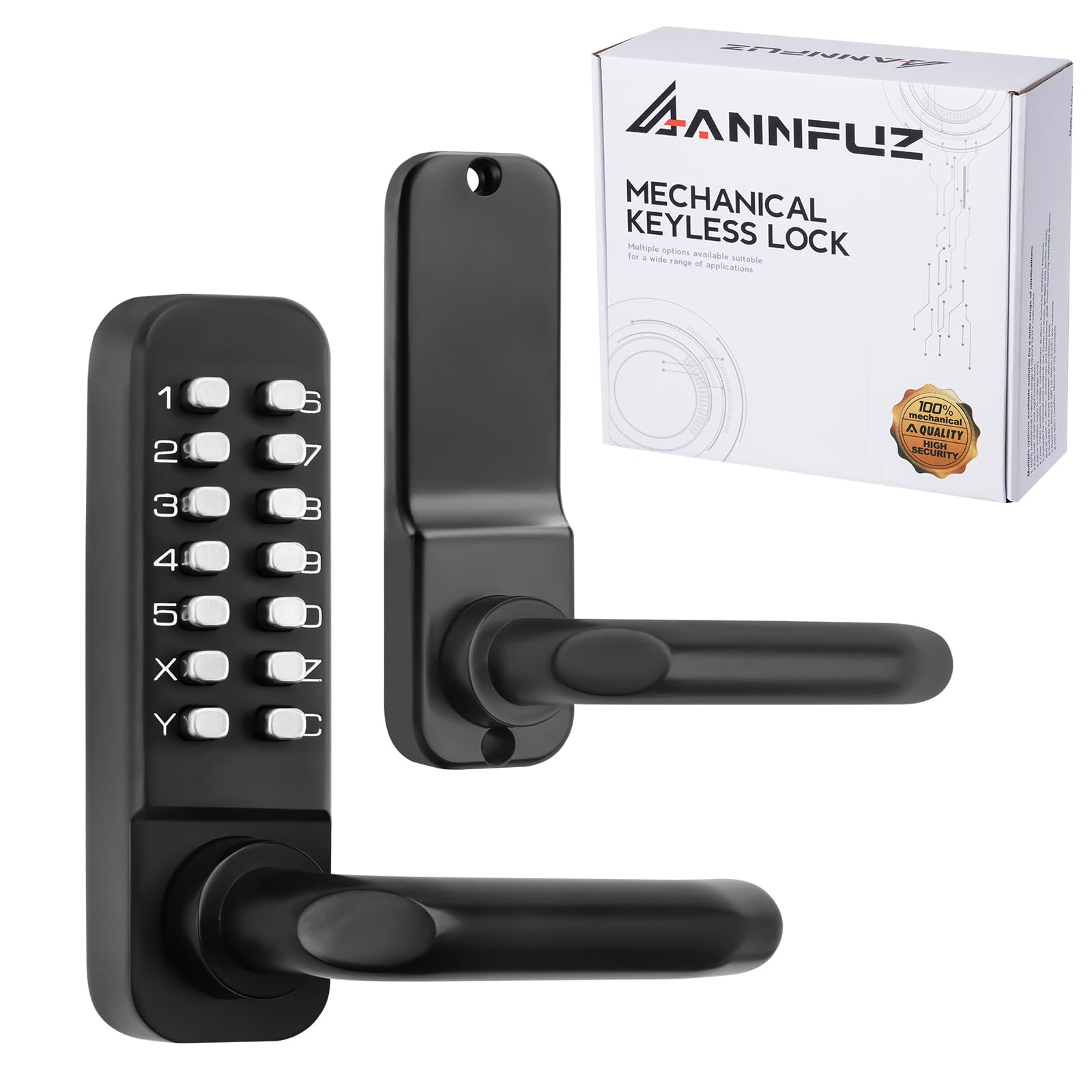 Single Sided Keypad Door Lock Lever - Mechanical Keyless Entry Door Handle with Combination Code for Front Gates & Warehouses - Auto Locking Matte Black Security Lock (Ideal for Commercial Buildings, Storage Units & Home Garages)