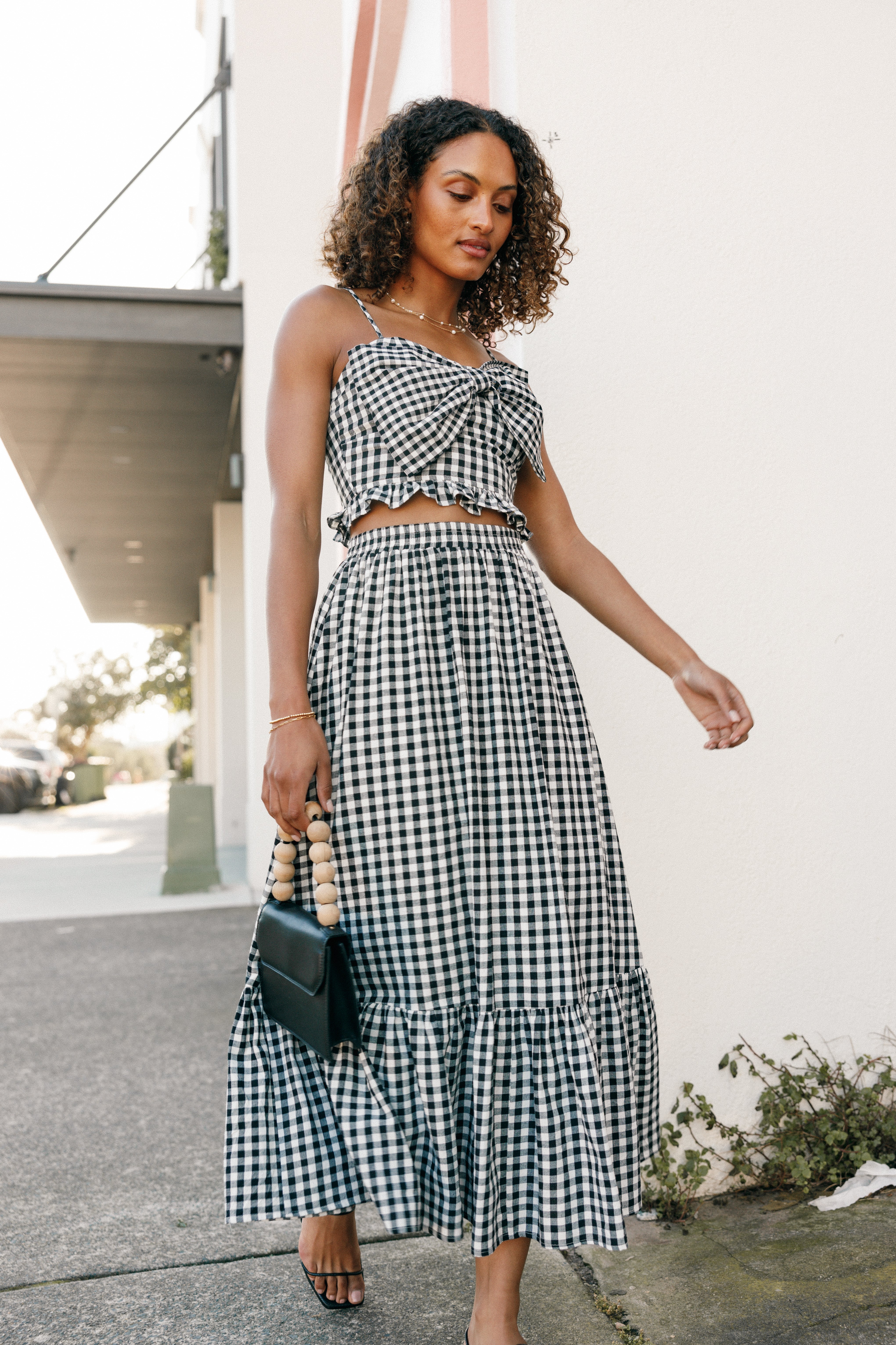Bambi Tiered Midi Skirt - Black Gingham Checkered Floral Summer Skirt for Women | Casual Outfit, Date Night, Office Wear & Vacation Dress