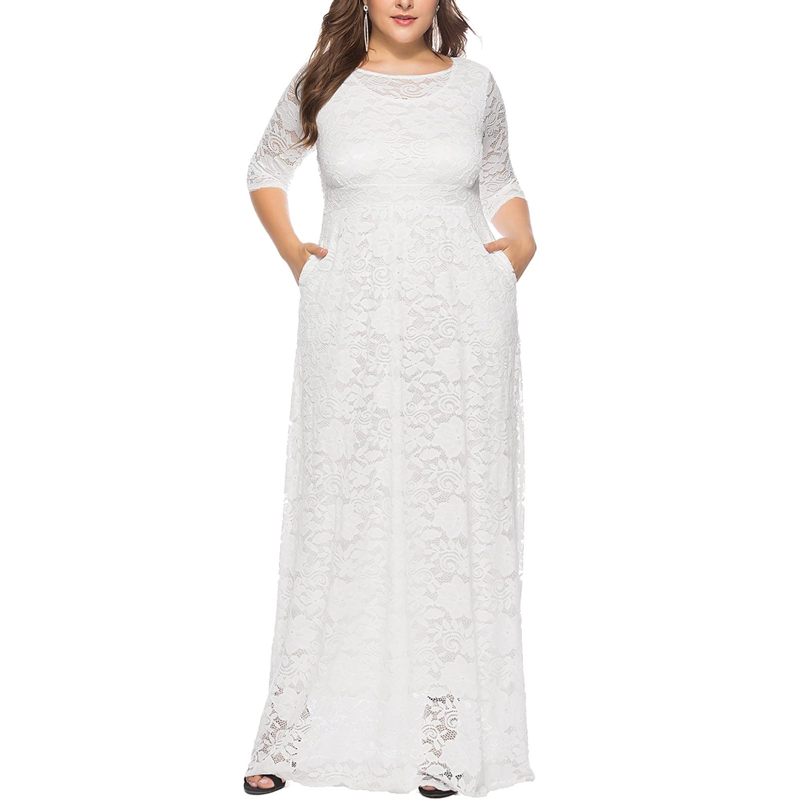 Plus Size Women's Floral Lace Long Dress - Scoop Neck Cocktail Party Swing Dress for Evening Events, Weddings & Special Occasions