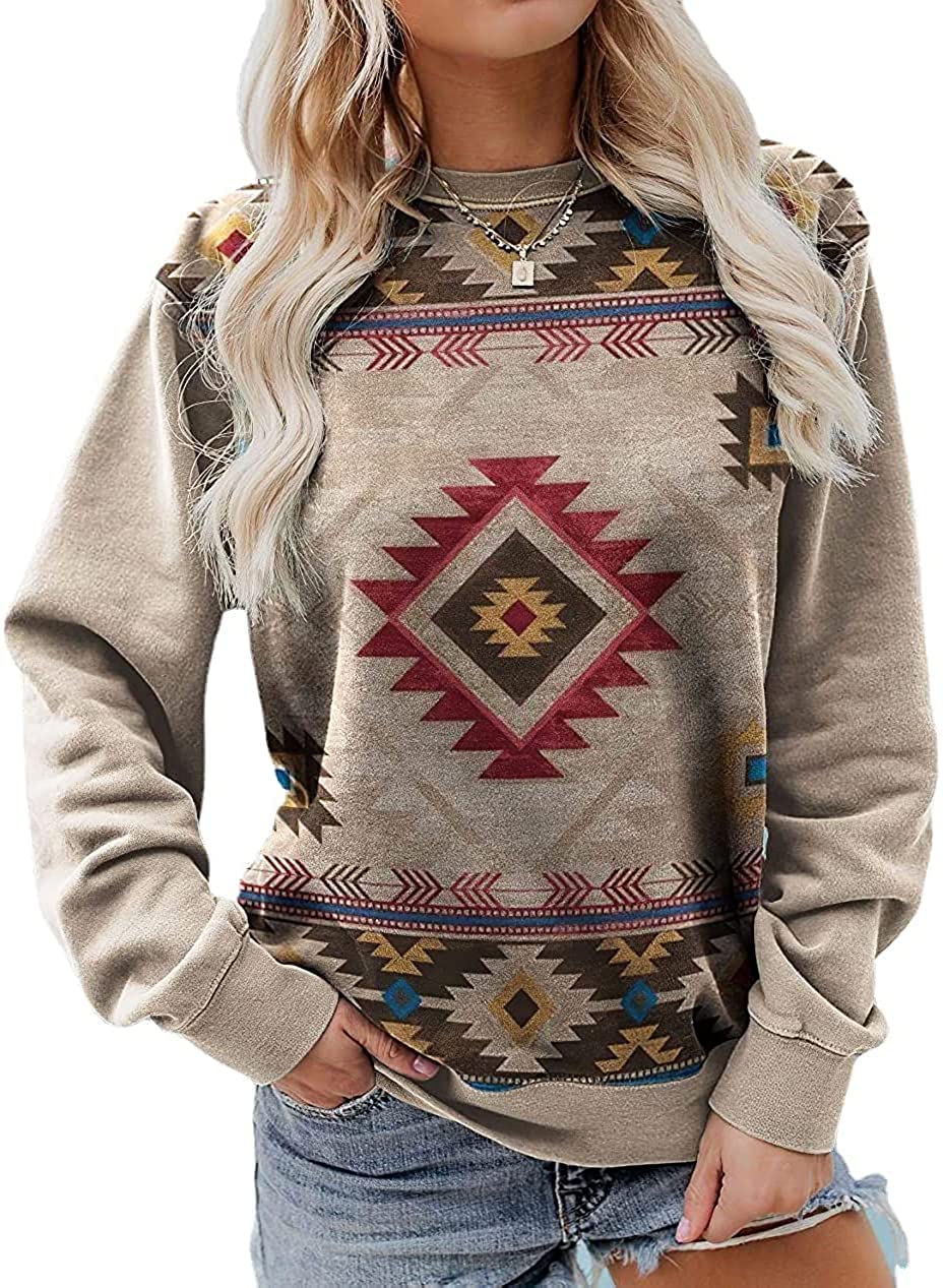 Vintage Aztec Women's Shirt - Geometric Long Sleeve Sweatshirt for Western Style