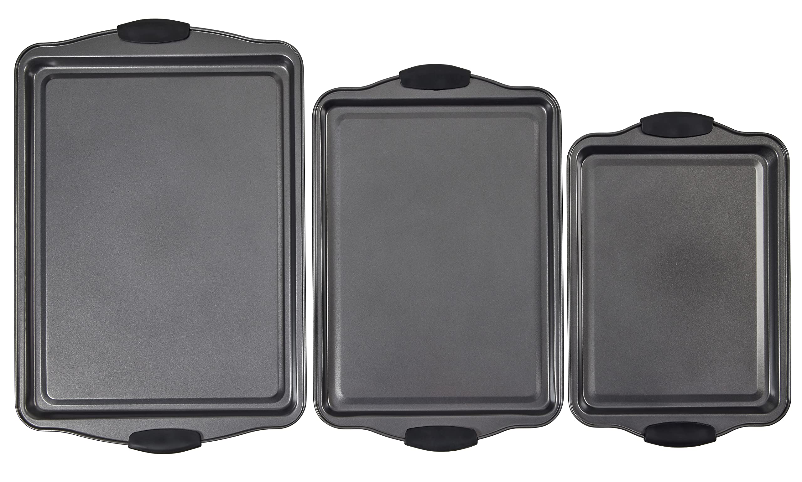 Non-Stick Baking Sheet Set of 3 - Heavy Duty Aluminum Cookie Baking Pans with Black Silicone Handles (Small, Medium, Large) - Perfect for Cookies, Pastries, Roasting Veggies & Meal Prep