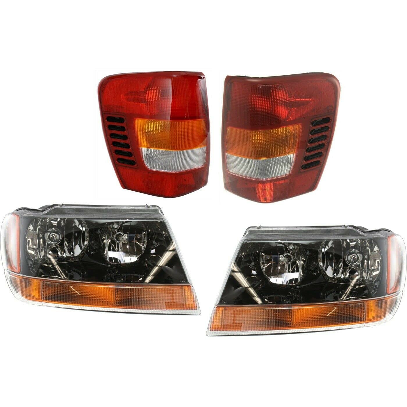Replacement Headlights and Tail Lamps Set - Left & Right 4PCS Compatible with 1999-2002 Jeep Grand Cherokee - Perfect for Night Driving & Auto Body Restoration
