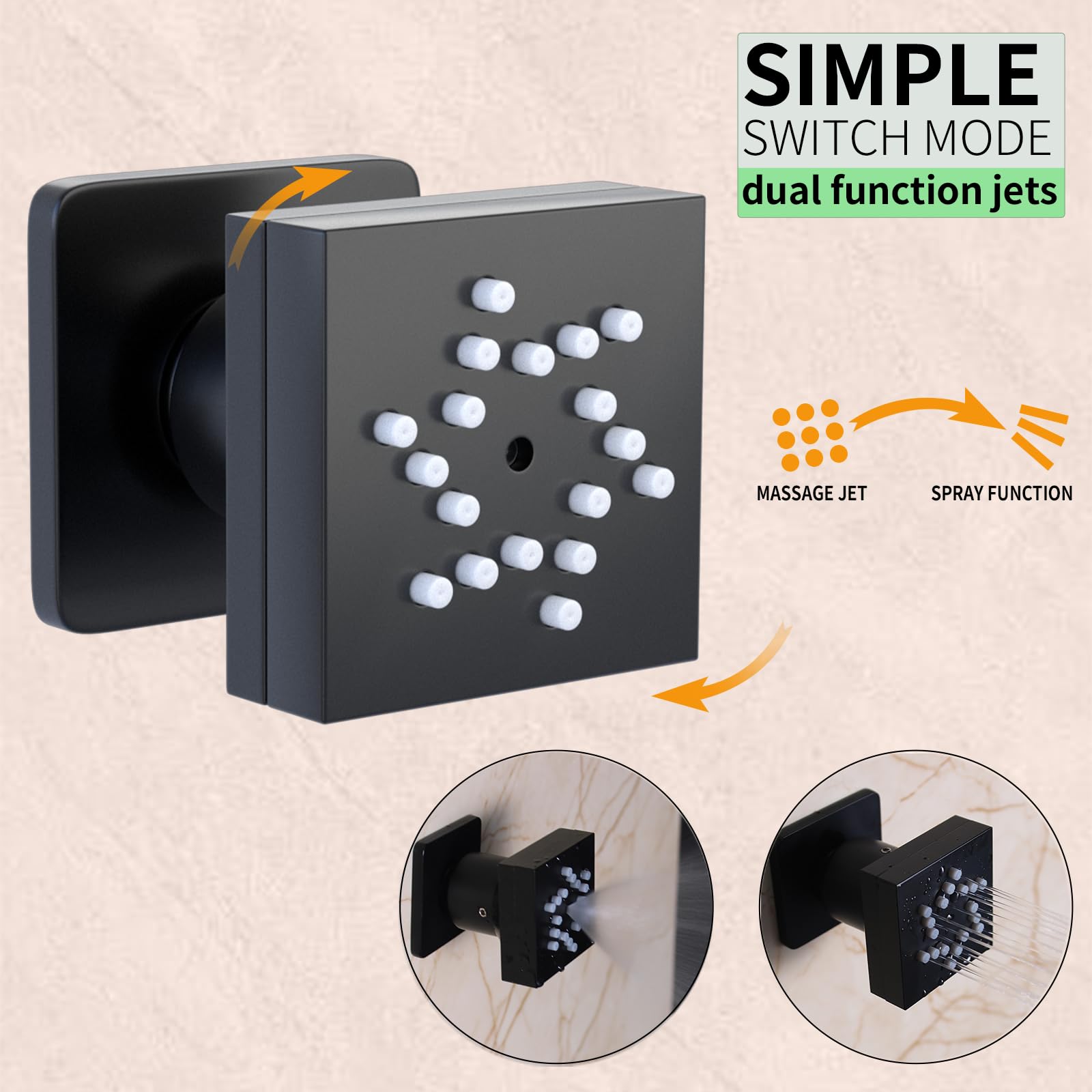 4PCS Square Dual Function Shower Body Spray Jets - Brass Shower Head with Spa Massage & Wall Mounted Side Spray - 1/2