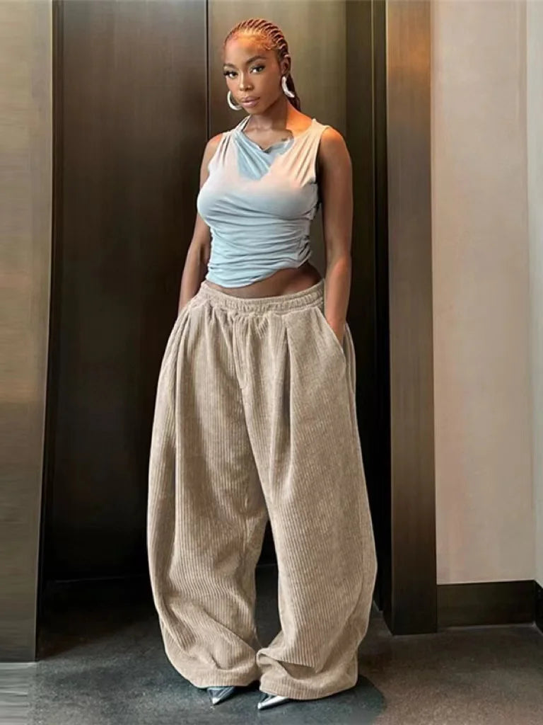 Y2K Corduroy Wide Leg Pants for Women - High Waist Casual Streetwear with Pockets | Autumn Winter Loose Fit Long Pants | Perfect for Everyday Wear, Office & Fashion Outfits