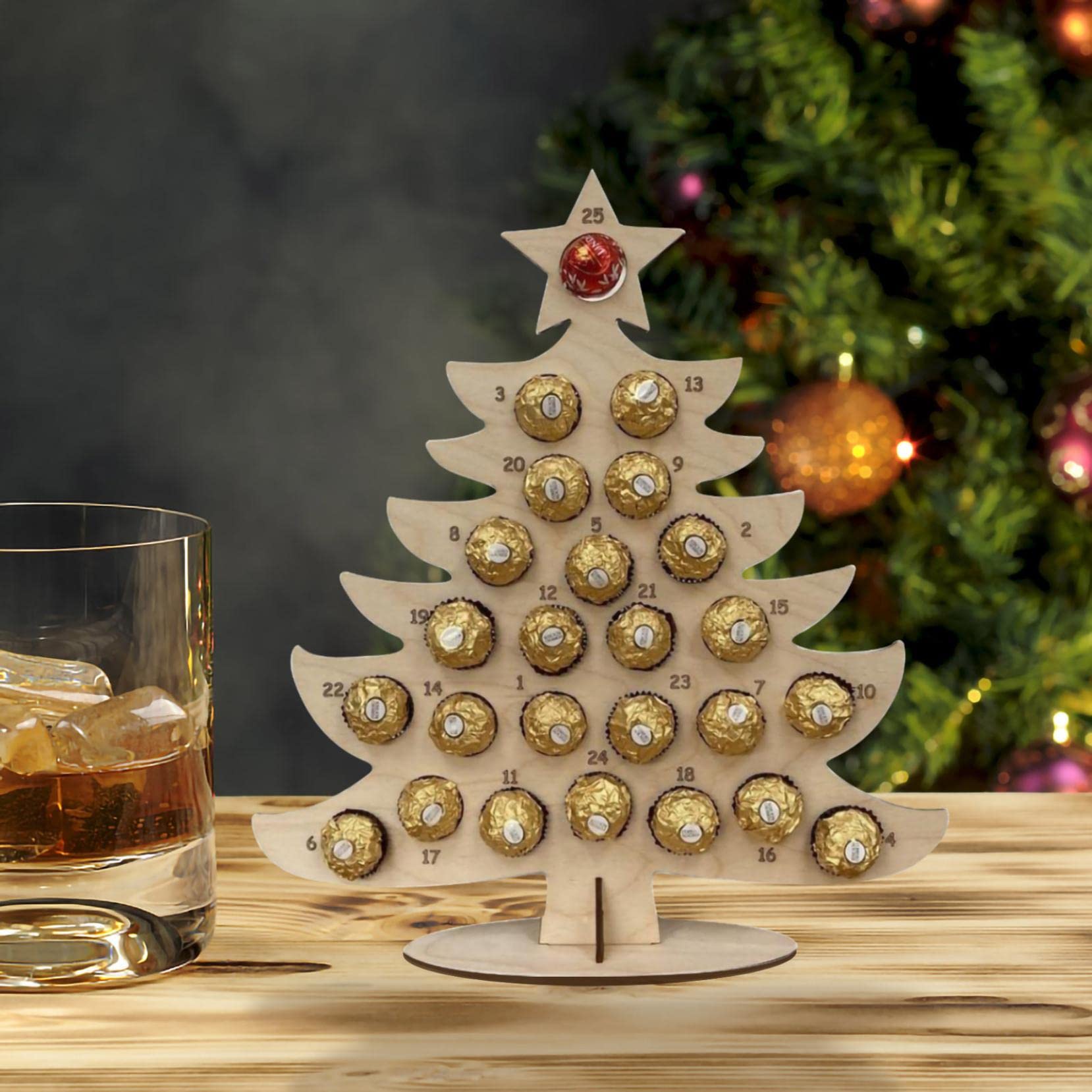 Wooden Christmas Advent Calendar 2021 with Chocolate Frame - Holiday Party Decoration, Chocolate Candy Display & Festive Home Desktop Decor for Christmas Celebrations, Gifts & Family Gatherings