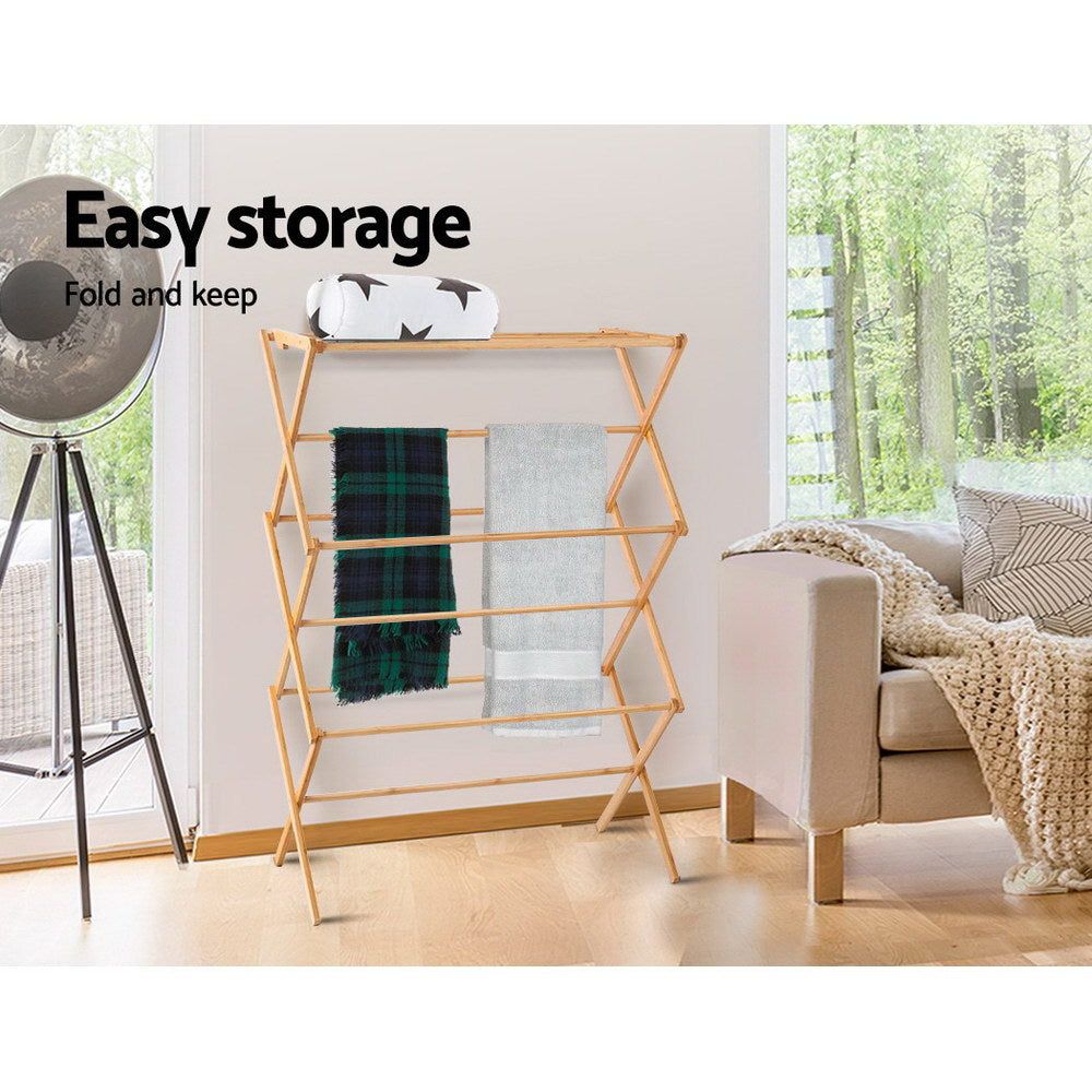 Artiss Foldable Bamboo Clothes Rack - Portable Laundry Drying Stand with Garment Hanger for Bedroom, Closet & Outdoor Use