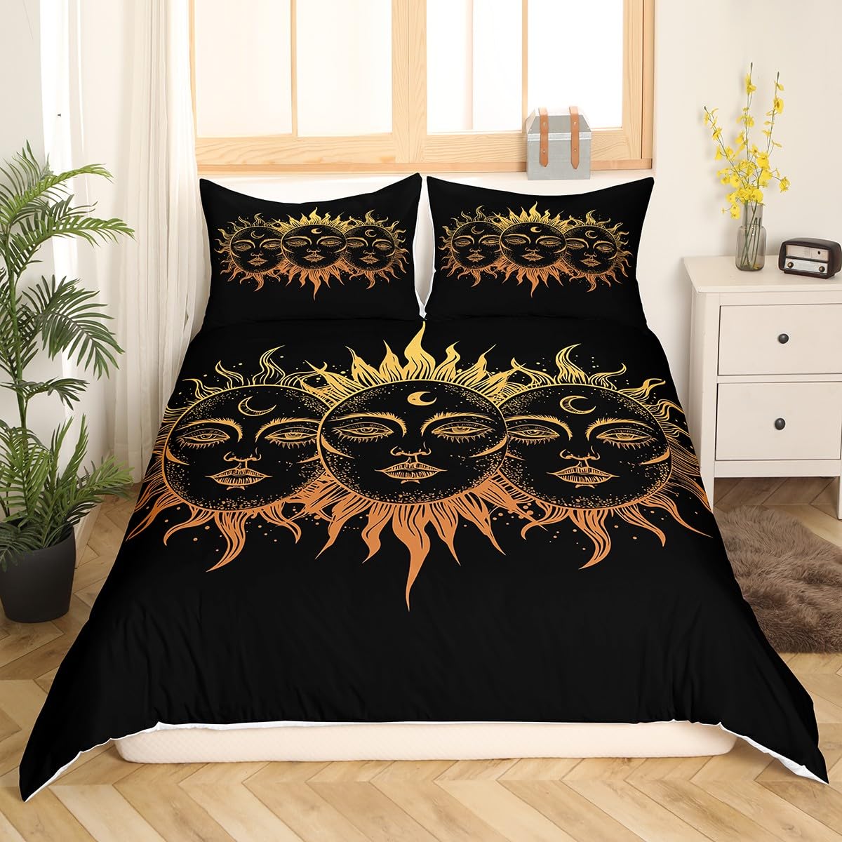 Bohemian Mandala Duvet Cover Set Twin Size - Golden Sun & Moon Design, 3-Piece Luxury Soft Bedding with Zipper Closure | Exotic Boho Theme for Adults, Women & Teens | Perfect for Bedroom Decor, Dorm Room, Guest Room & Boho Chic Home Styling