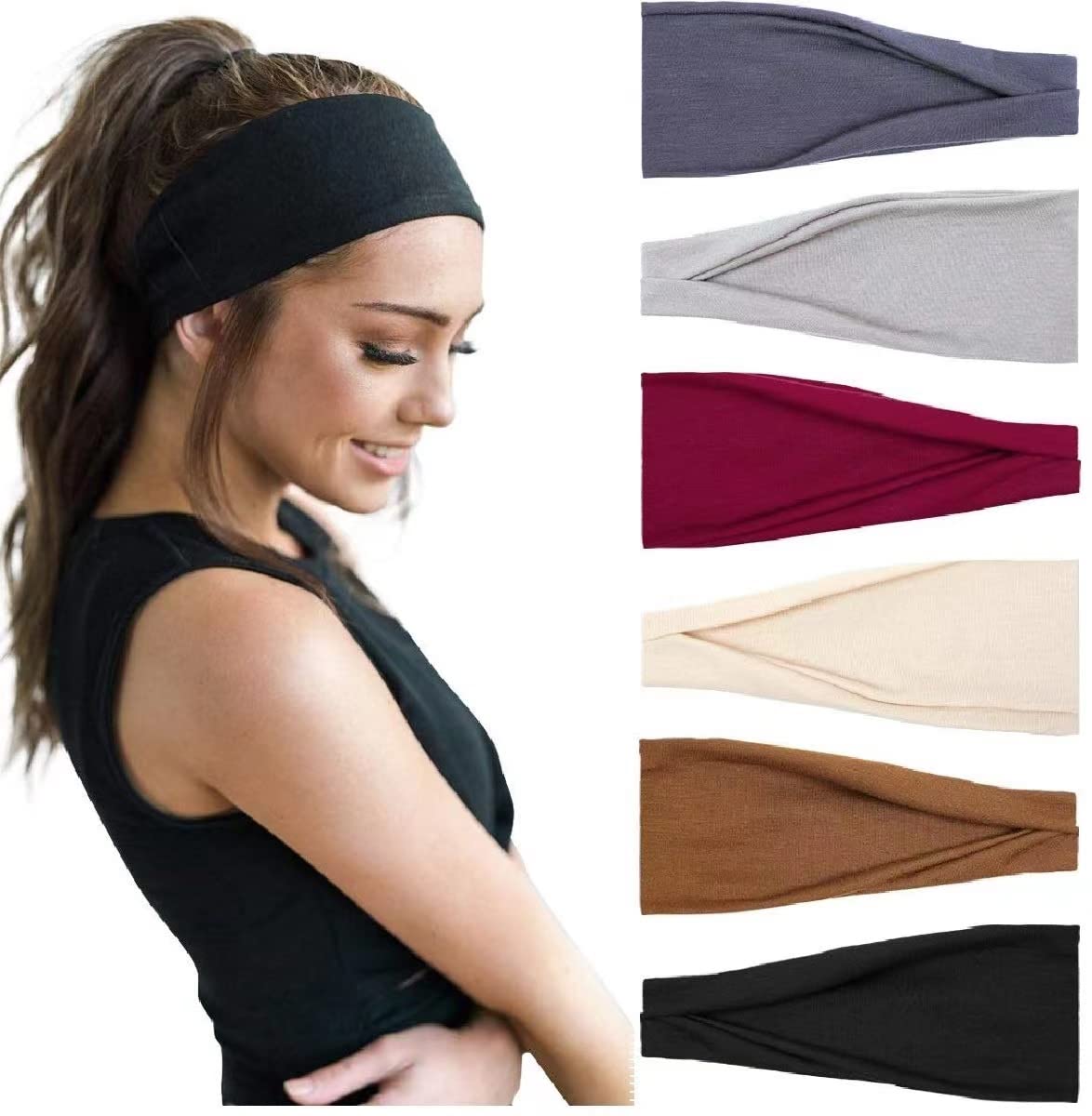 TERSE Women's Workout Headbands - 6 Pack Wide Elastic Sports Headbands for Running, Yoga, Gym & Fitness - Non-Slip Hair Bands for Women with Sweat Absorption - Perfect for Workouts, Sports & Daily Activities