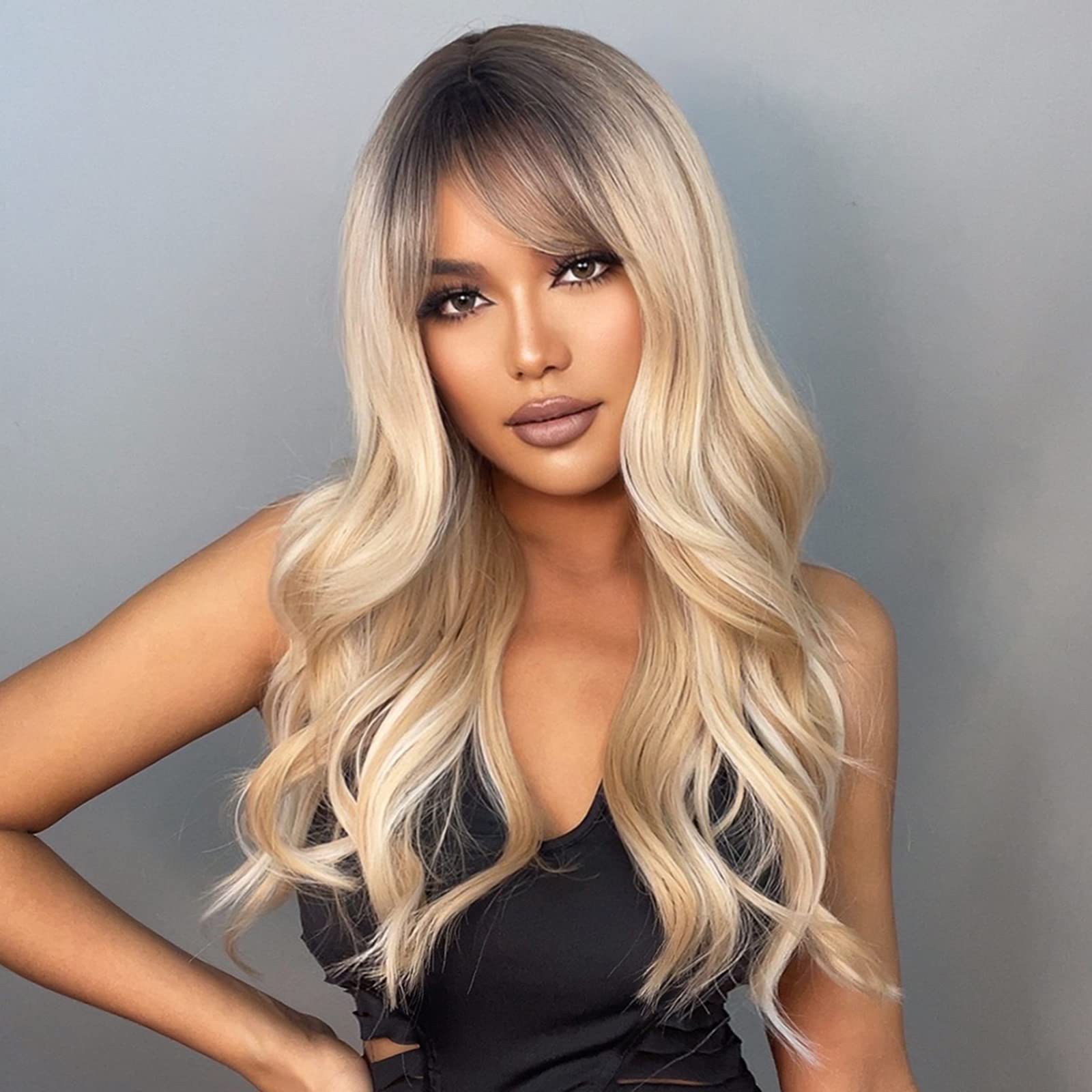 Long Wavy Synthetic Hair Wig with Bangs & Hair Net - Heat Resistant Curling Wig for Women, Cosplay, Party & Daily Use - Perfect for Halloween, Costume Events & Everyday Styling