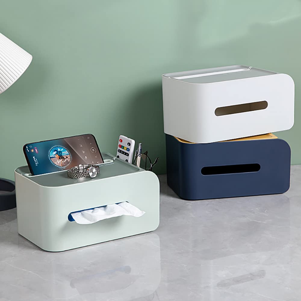 Multi-Function ABS Tissue Box Cover Holder with Storage Organizer - Blue | Napkin Tissue Box Caddy for Bathroom, Bedroom & Office | Keeps Tissues Handy & Adds Stylish Decor to Any Room