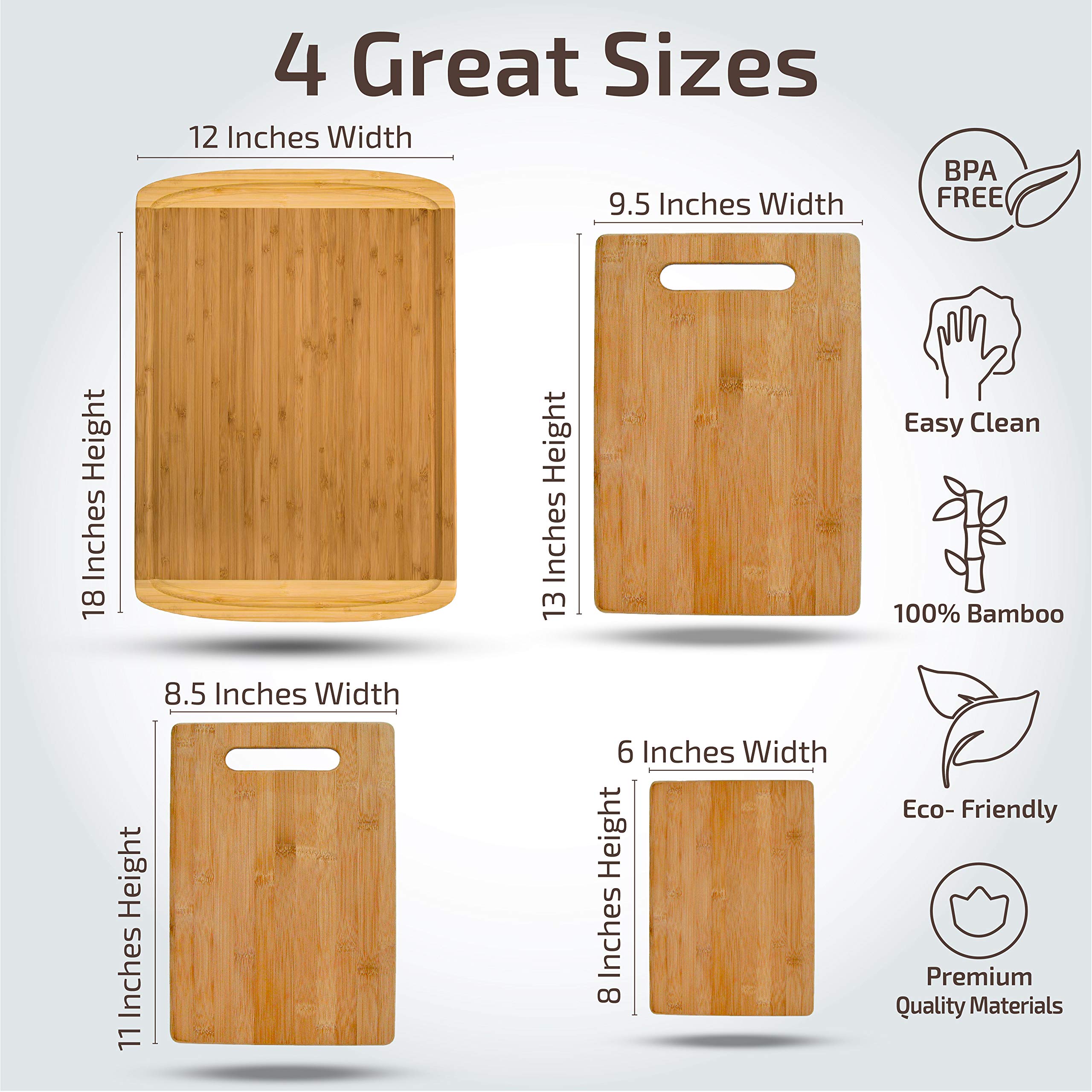 Premium Bamboo Cutting Board Set of 4 - Eco-Friendly Wooden Kitchen Chopping Boards with Juice Grooves - Perfect for Meat, Cheese, Vegetables & Charcuterie - Ideal for Food Prep, Butcher Block & Entertaining