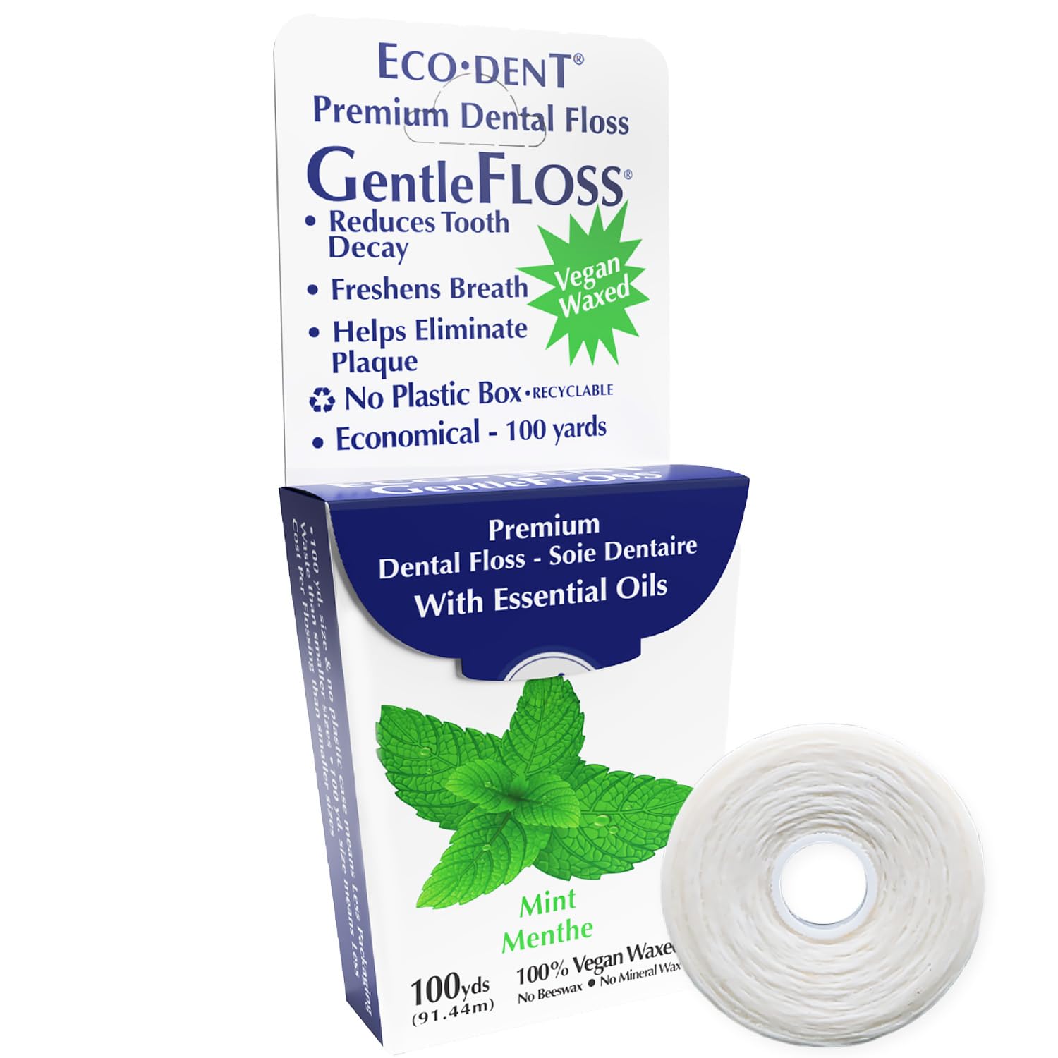 Eco-Dent GentleFloss Vegan Waxed Mint Dental Floss - 100 Yards, Plant-Based & Eco-Friendly, Recyclable Cardboard Packaging + DailyRinse Single-Use Pack | Gentle Cleaning for Sensitive Teeth & Gums, Perfect for Travel & Daily Oral Care