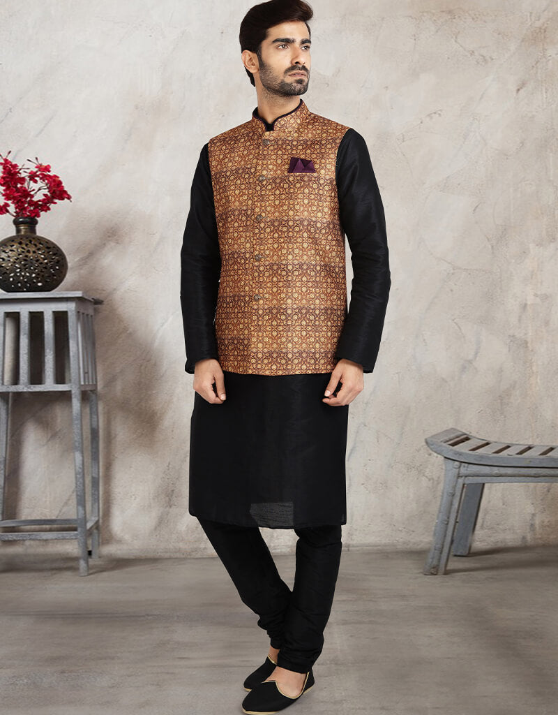 Black 3 Piece Banarasi Silk Jacket & Churidar Set - Elegant Indian Ethnic Wear for Weddings & Festive Occasions