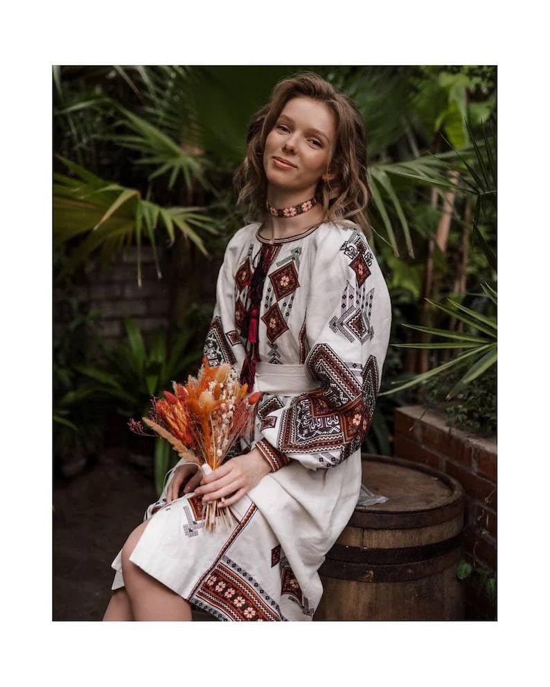 Stylish Plus Size Linen Summer Dress with Ukrainian Geometric Embroidery - Breathable Ethno-Style Maxi Dress (Size L) for Beach Vacations, Boho Weddings & Casual Outings
