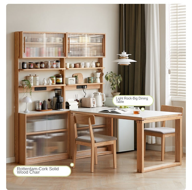 Solid Oak Wood Sideboard with Rock Board Top - Multifunctional Dining Room Storage Cabinet for Kitchen, Living Room & Entryway Organization
