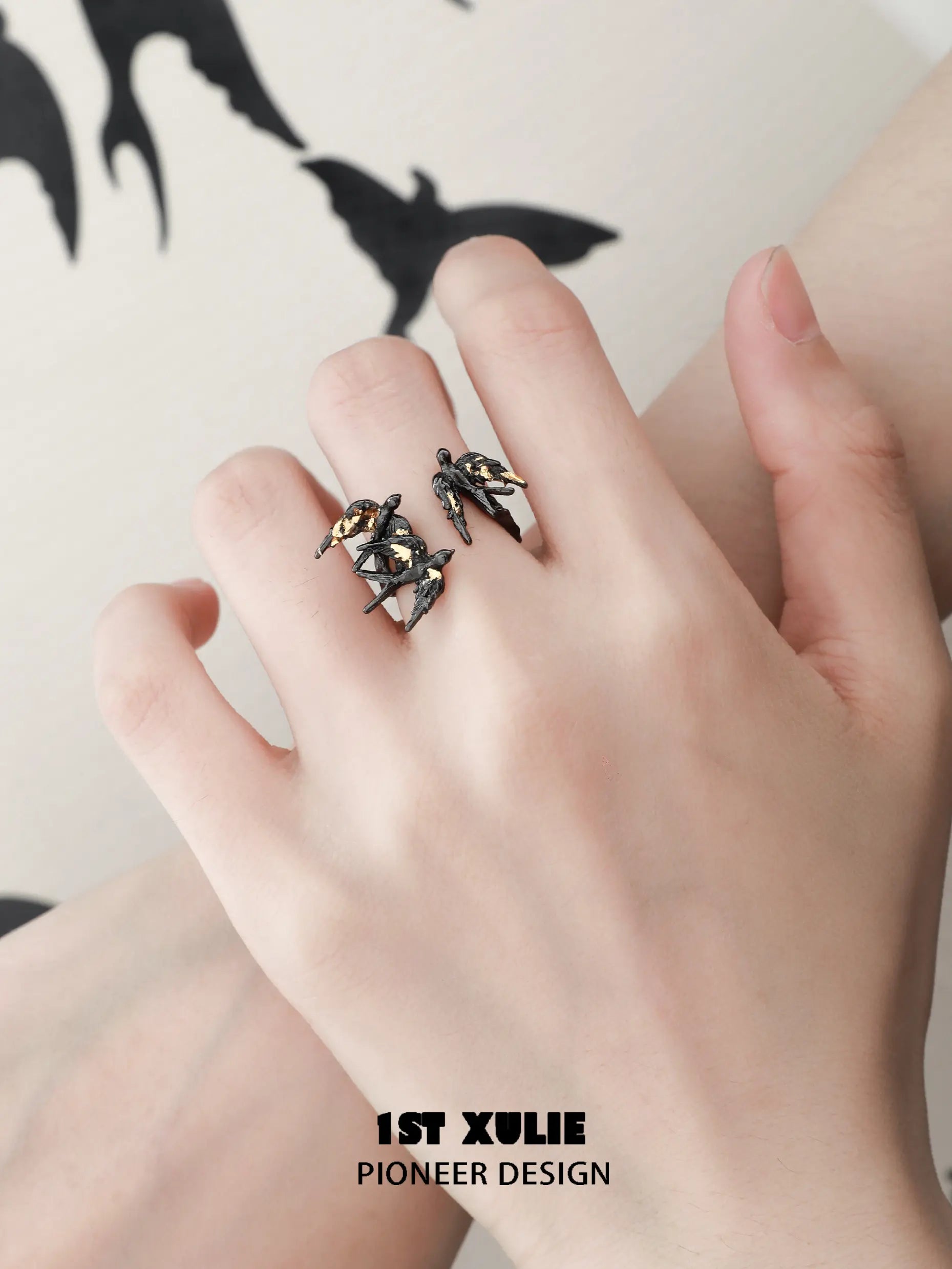 Swallow's Return 925 Sterling Silver Open End Gold Foil Ring - Elegant Adjustable Jewelry for Women, Perfect for Weddings, Anniversaries & Everyday Wear