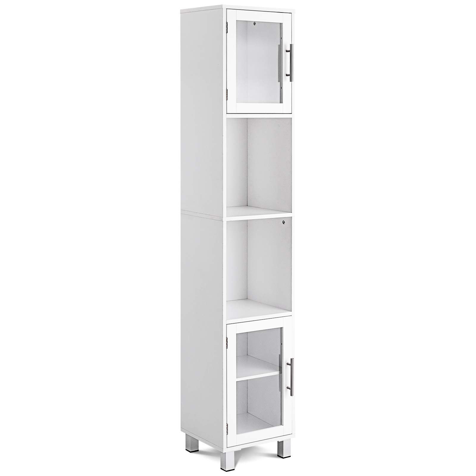 GLACER White Bathroom Storage Cabinet - 71 Inch Tall Kitchen Floor Cabinet with 2 Open Shelves & Tempered Glass Doors - 13x12x71 Inches Organizer for Bath Towels, Toiletries & Cleaning Supplies - Perfect for Small Bathrooms, Laundry Rooms & Kitchen Storage