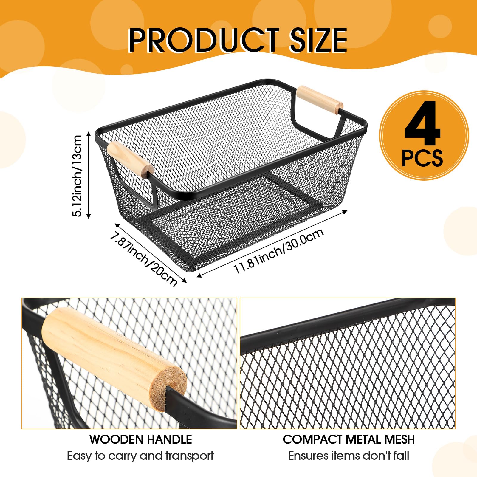 4-Piece Black Metal Wire Baskets with Wooden Handles - Rustic Steel Mesh Storage Organizers for Kitchen, Pantry, Closet & Refrigerator - Perfect for Organizing Fruits, Snacks, Makeup & Gifts (Medium Size) | Home Organization Solution for Cabinet & Countertop Storage