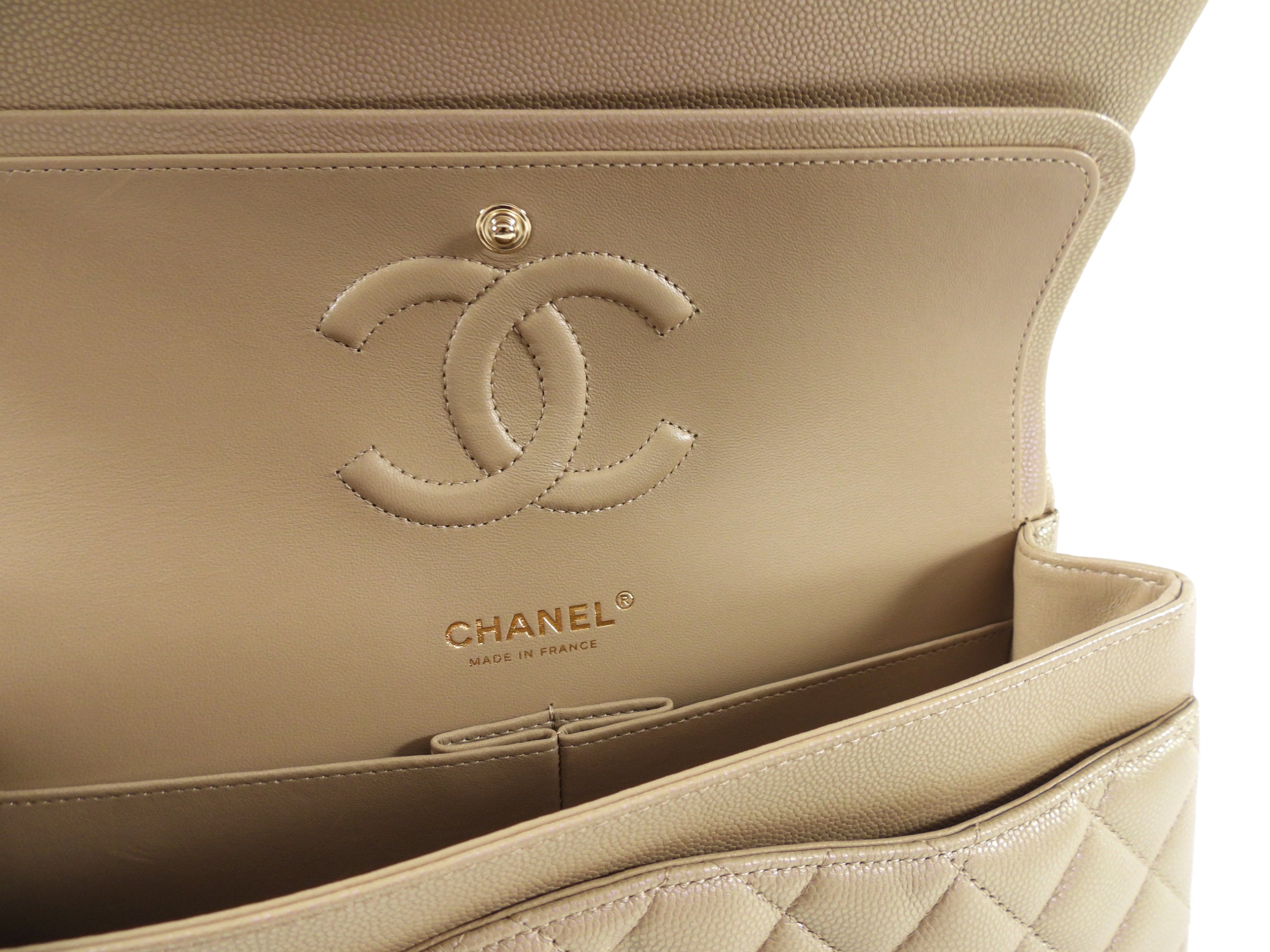 Chanel 21S Beige Iridescent Classic Medium Double Flap Caviar Gold Hardware Bag - Luxury Handbag for Women, Perfect for Parties & Special Occasions