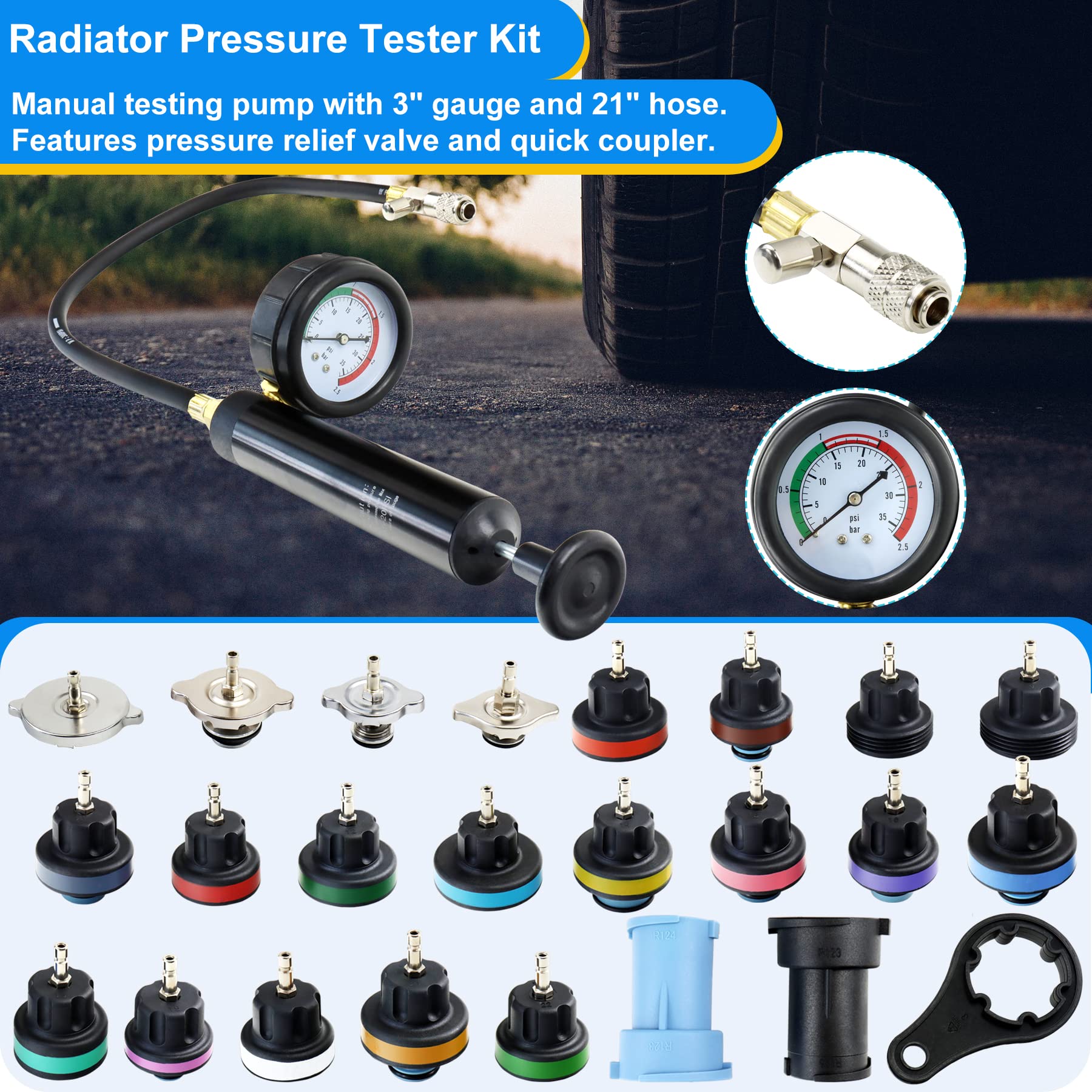 JoyFans 33Pcs Automotive Radiator Pressure Tester Kit - Cooling System Pneumatic Vacuum Tool with Pressure Gauge & Universal Adapters for Most Cars & Trucks | Professional Coolant Refill & Leak Detection | Perfect for DIY Mechanics & Auto Repair Shops