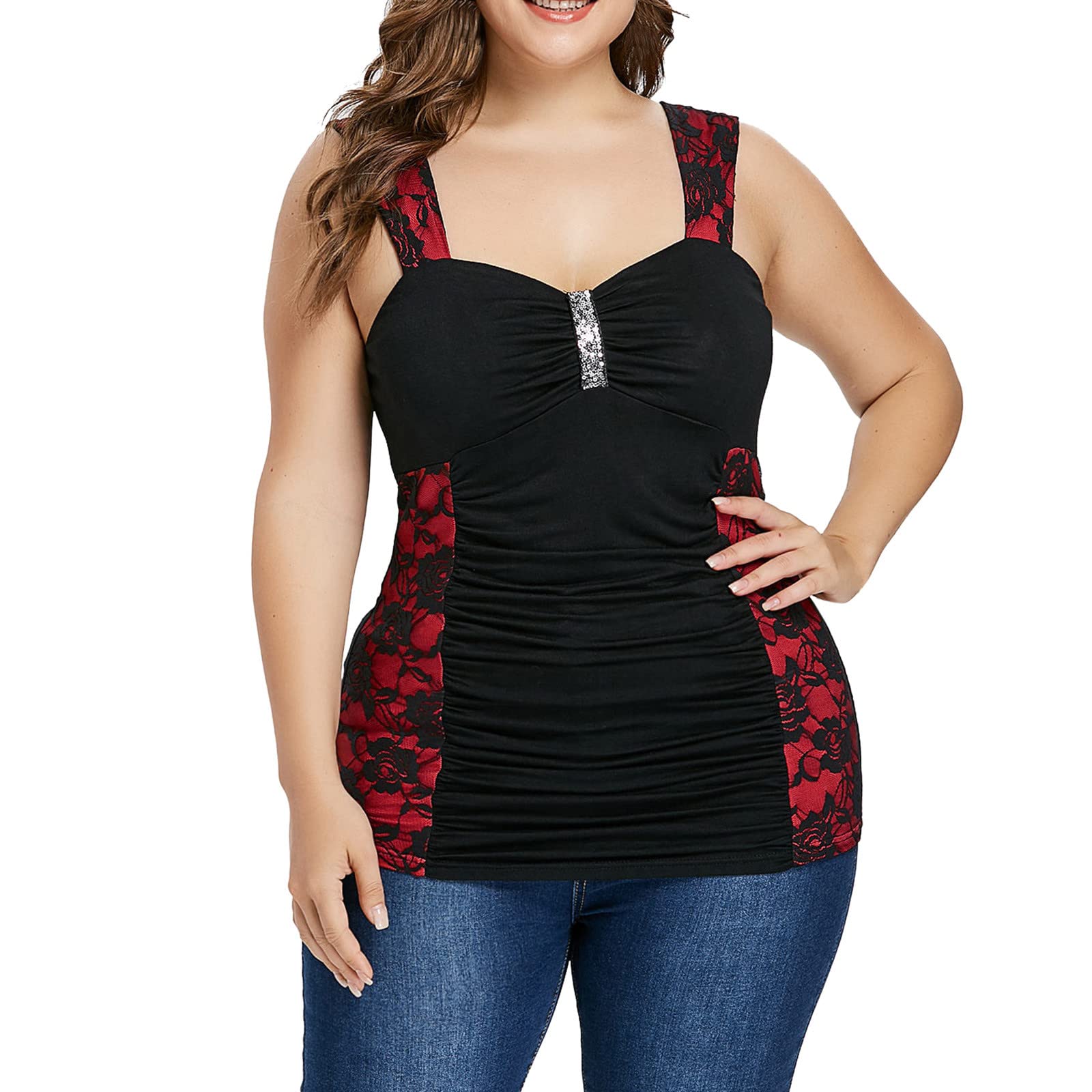 Plus Size Women's Hemlock Tank Tops - Sleeveless Floral Lace Camisole for Summer | Oversized Tunics for Casual Wear, Beach Cover-ups & Layering