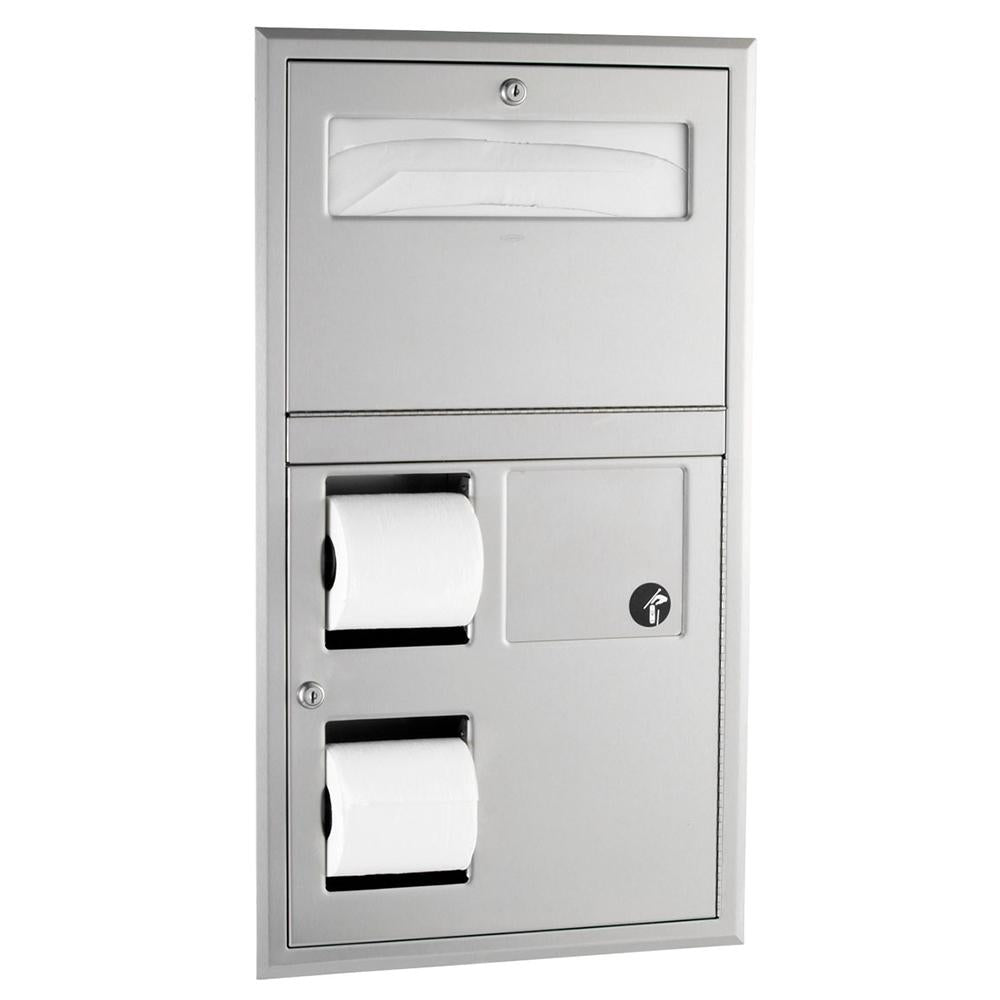 Bobrick B35745 ClassicSeries Recessed Seat Cover Dispenser with Toilet Paper Holder & Sanitary Disposal - Satin Finish for Commercial Restrooms & Public Washrooms