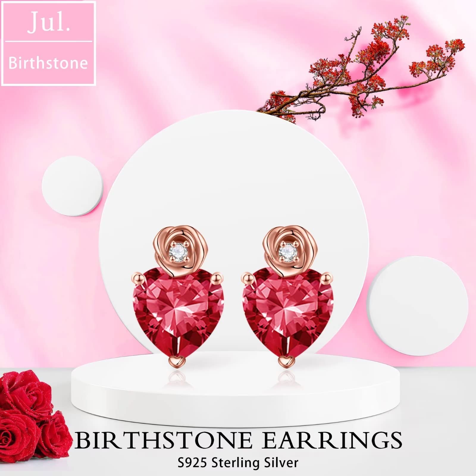 Birthstone Earrings for Women - Sterling Silver Rose Heart Stud Earrings with Birthstones | Perfect Anniversary, Birthday Gifts for Wife, Mom, Daughter | Ideal for Special Occasions & Everyday Wear