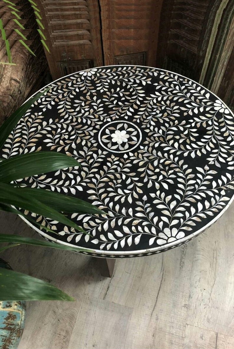 Handmade Bone Inlay Floral Design Round Coffee Table - Black Center Table for Living Room | Boho Home Decor, Modern Furniture for Lounge & Office