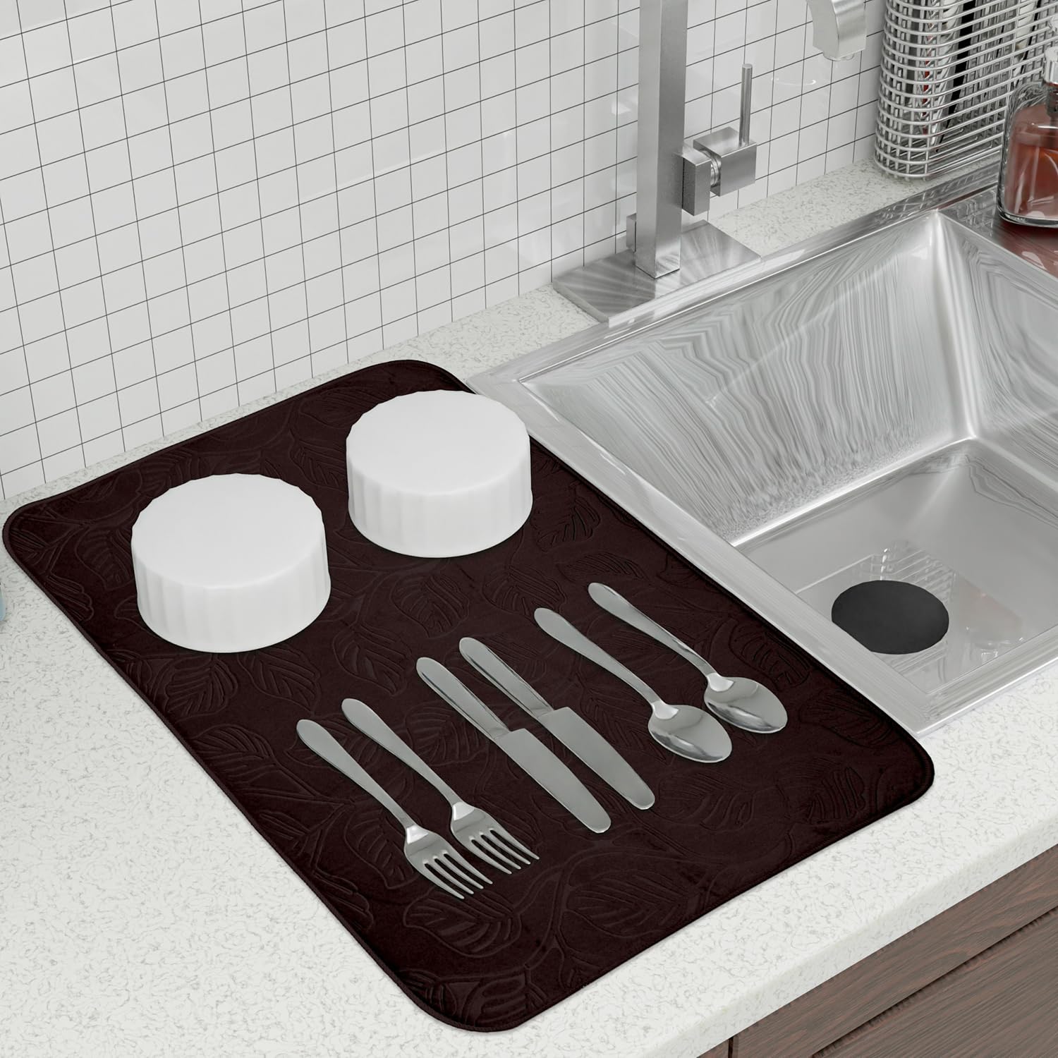 Kuber Industries Microfiber Dish Drying Mat - Super Absorbent Kitchen Counter Mat for Dishes, Utensils & Cookware - Quick-Dry Non-Slip Embossed Design - 38x50 Inches (Brown) - Perfect for Countertops, Sinks & Drying Racks