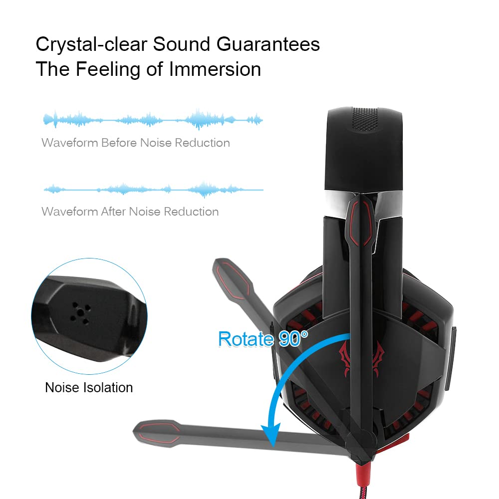 Gaming Headset with Mic for PS5, PC, Xbox - Noise Cancelling & Volume Control - Red