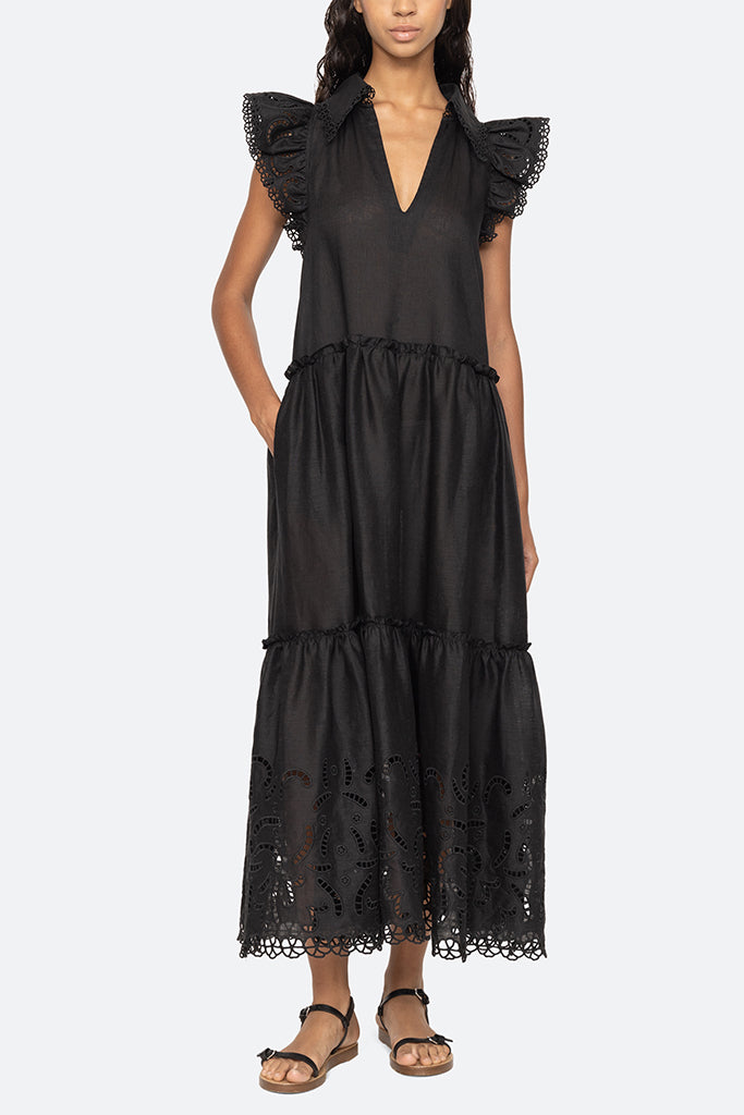 Sea New York Marja Embroidery Flutter Dress - Black | Flowy Summer Dress for Women | Perfect for Beach Vacations, Date Nights & Outdoor Parties
