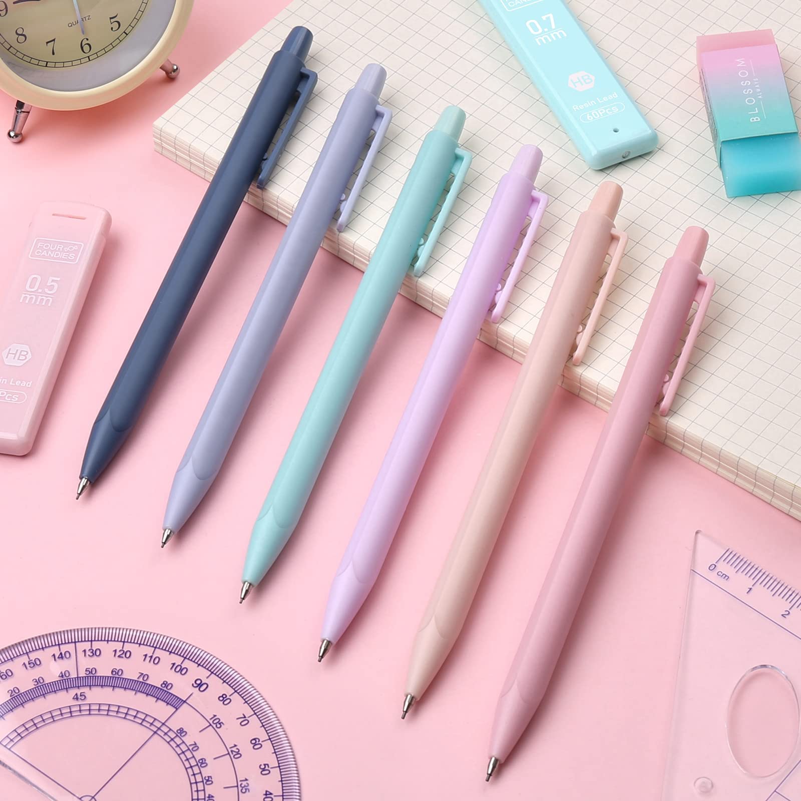 Pastel Mechanical Pencil Set (6PCS) - 0.5mm/0.7mm/0.9mm with 360 Leads, 3 Erasers & 9 Refills - Cute Aesthetic Writing & Drawing Pencils for Girls, Students & Artists - Perfect for School, Office, Sketching & Note Taking