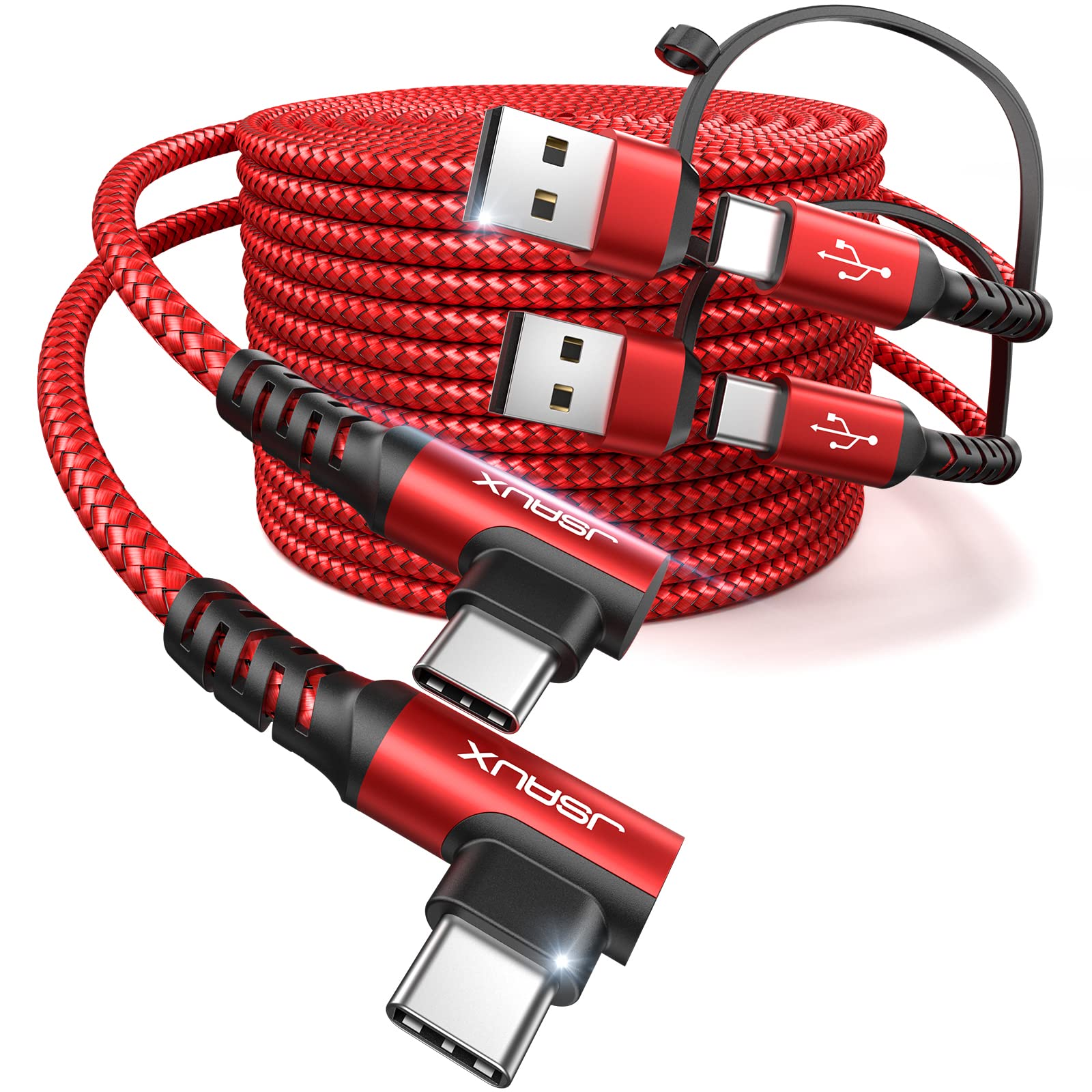 JSAUX 100W USB C to USB C Fast Charging Cable [2-Pack 10FT] Right Angle Type C Cord - Compatible with iPhone 16/15 Series, MacBook, iPad, Galaxy S23/S22 - Perfect for Car Play, Home & Office Charging
