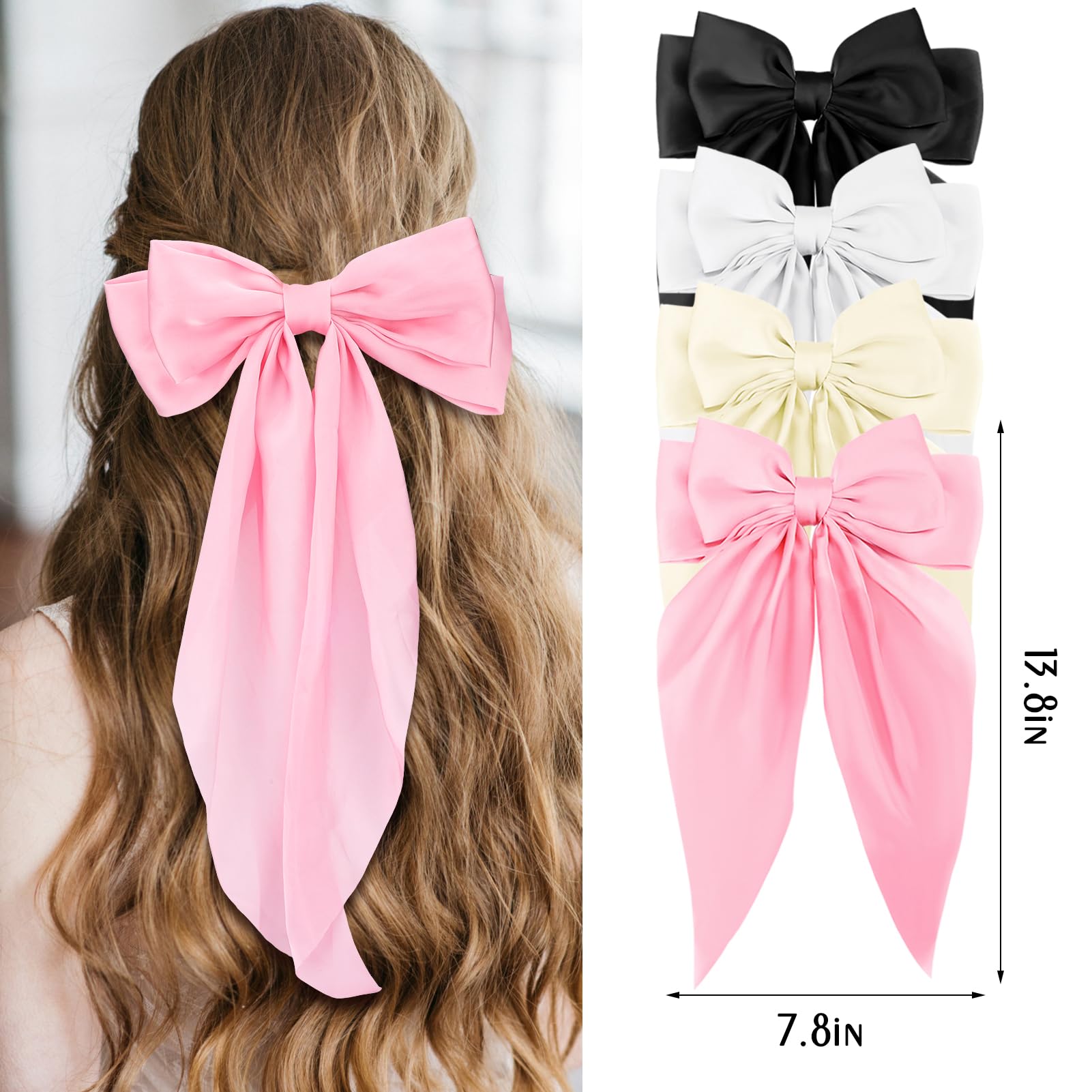4Pcs Elegant Satin Hair Bows for Women - Large Black & White Pink Hair Clips with Long Tails - Cute Bowknot Barrettes for Girls & Adults | Perfect for Weddings, Parties, Daily Styling & Aesthetic Hair Accessories