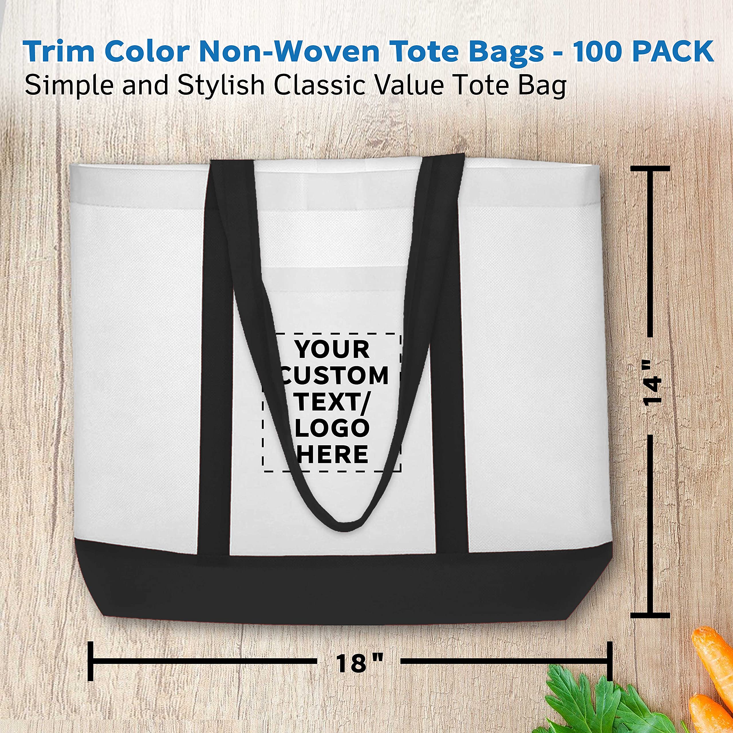 Customizable Non-Woven Tote Bags Set - 100 Durable & Water Resistant Trim Color Tote Bags with Front Pocket - 18