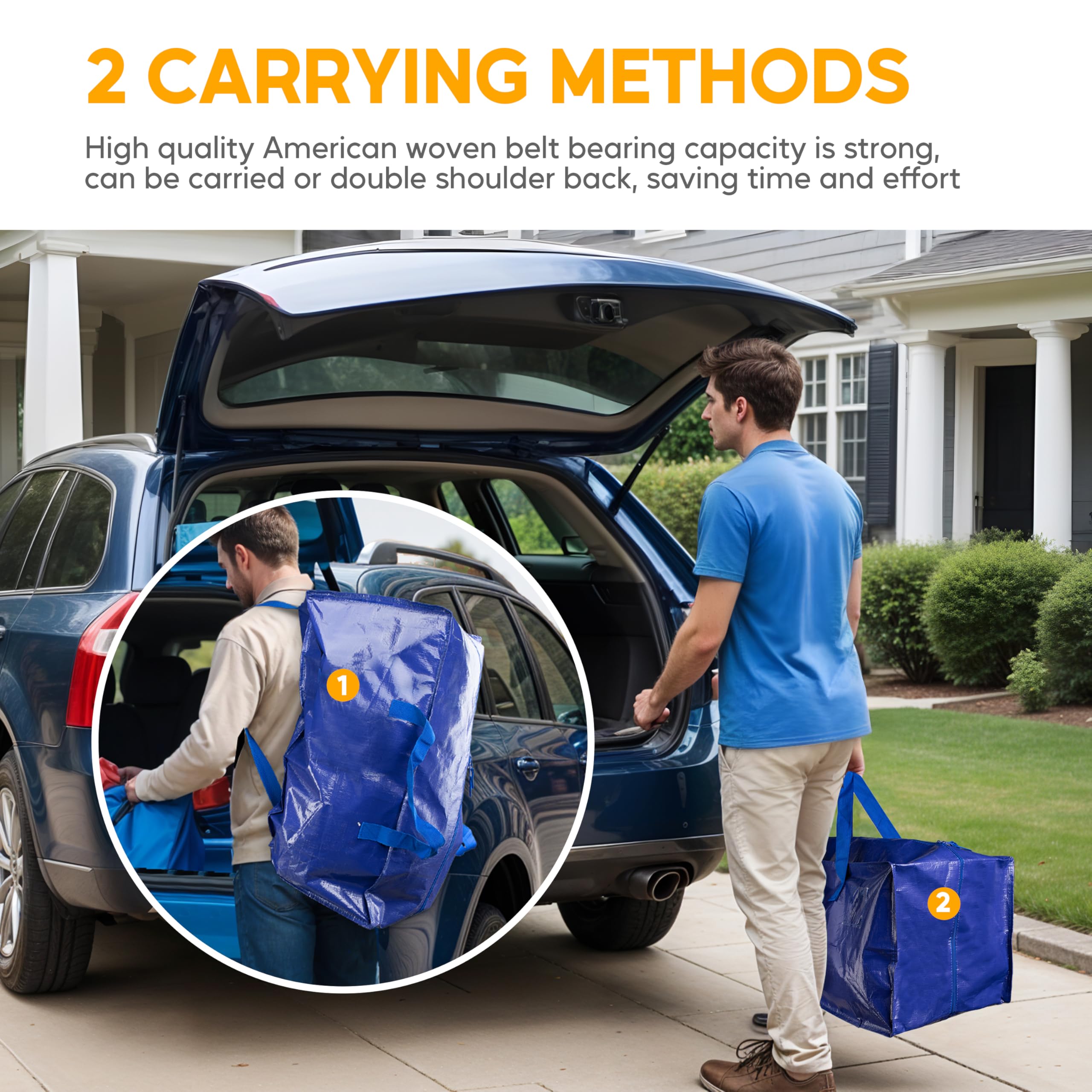 12 Pack Heavy Duty Moving Bags with Backpack Straps - Extra Large Storage Tote with Strong Handles & Zippers - Space Saving Moving Boxes for Home, Office & Dorm Organization (Blue)