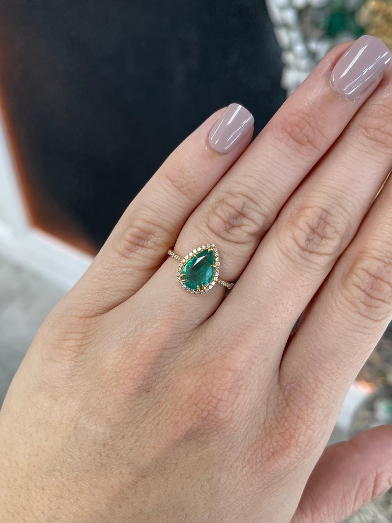 2.23tcw 14K Gold Pear Cut Emerald & Diamond Halo Engagement Ring - Dark Bluish Green Gemstone for Wedding, Proposal & Anniversary Gifts