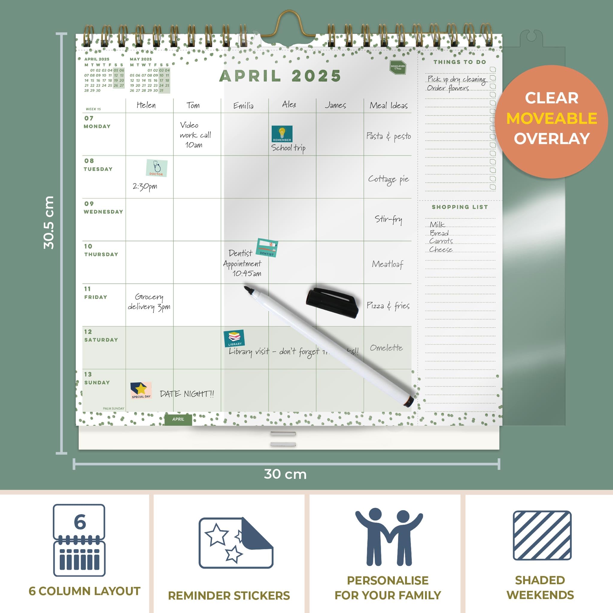 Boxclever Press Family Weekly Planner 2025 - 12 Month Wall Calendar with 6 Columns, Lists, Pocket & Stickers | January to December 2025 | Perfect for Home Organization, School Schedules & Family Planning