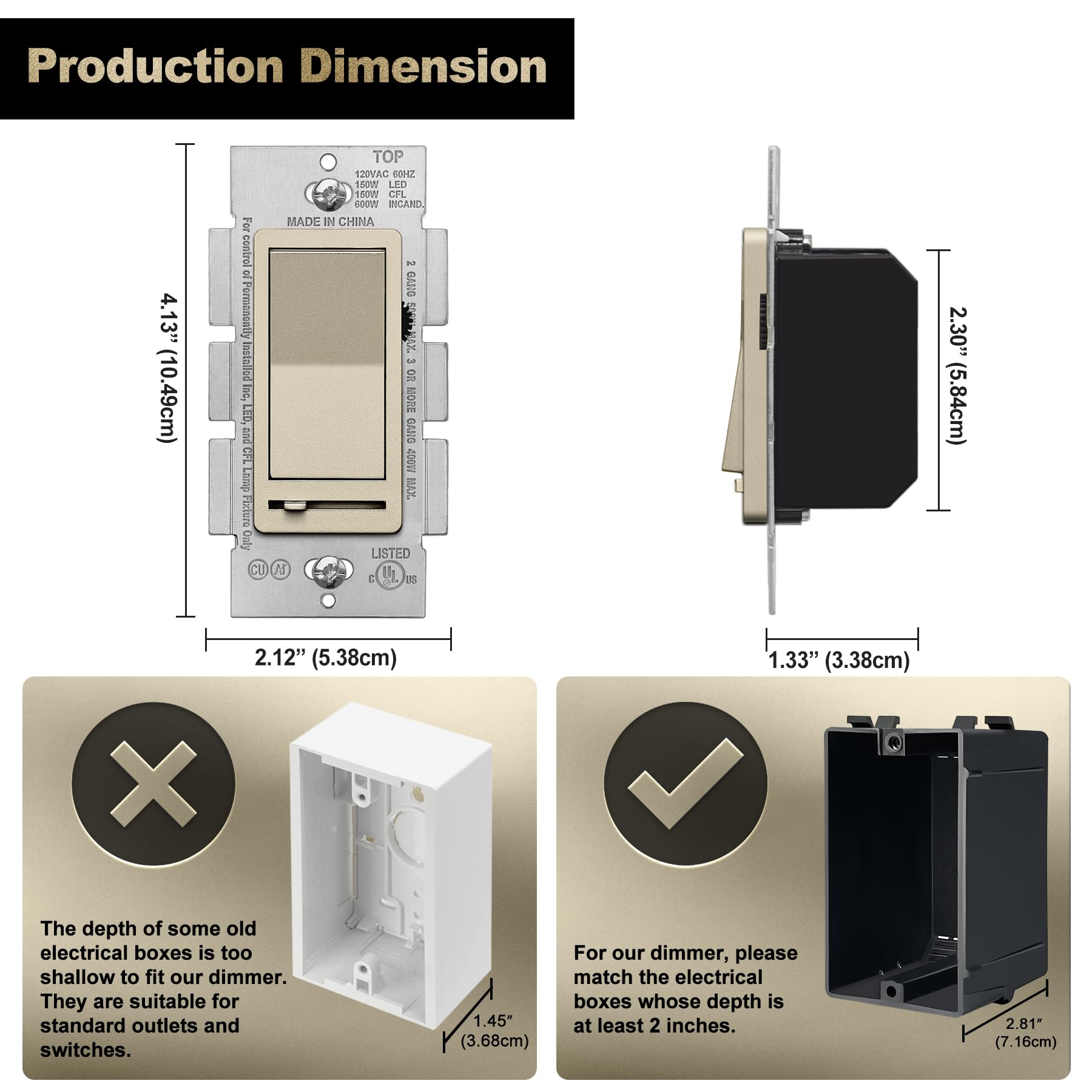 BESTTEN 10 Pack Matte Champagne Gold Dimmer Light Switch - Single Pole/3-Way - Works with Dimmable LED, CFL, Incandescent & Halogen Bulbs - 120VAC - UL Listed - Perfect for Living Room, Bedroom & Dining Room Lighting Control