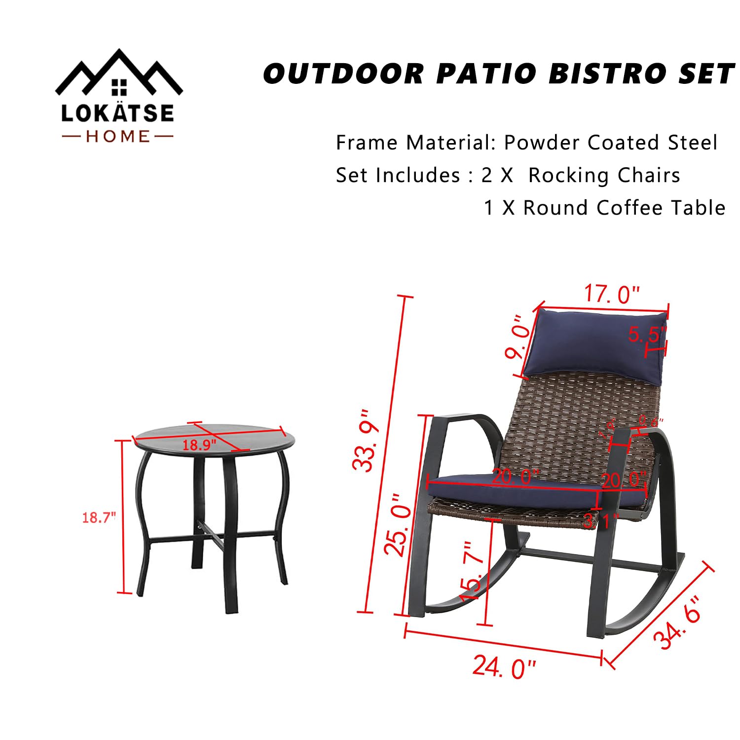 LOKATSE HOME 3-Piece Outdoor Bistro Set - Patio Wicker Furniture with Cushioned Rattan Rocking Chairs & Coffee Table in Blue - Perfect for Garden, Balcony, and Backyard Relaxation