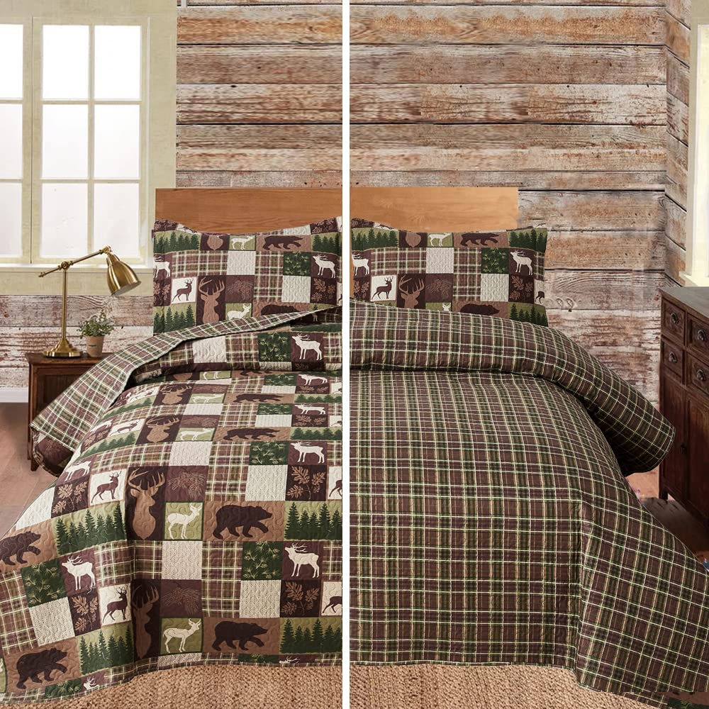 Lightweight Moose Lodge Bedspread Coverlet - All Season Twin Bedding Set with Shams | Plaid Bear Deer Printed Reversible Quilt | Rustic Cabin Comforter for Summer & Winter | Perfect for Country Homes, Cabins & Lodge Decor
