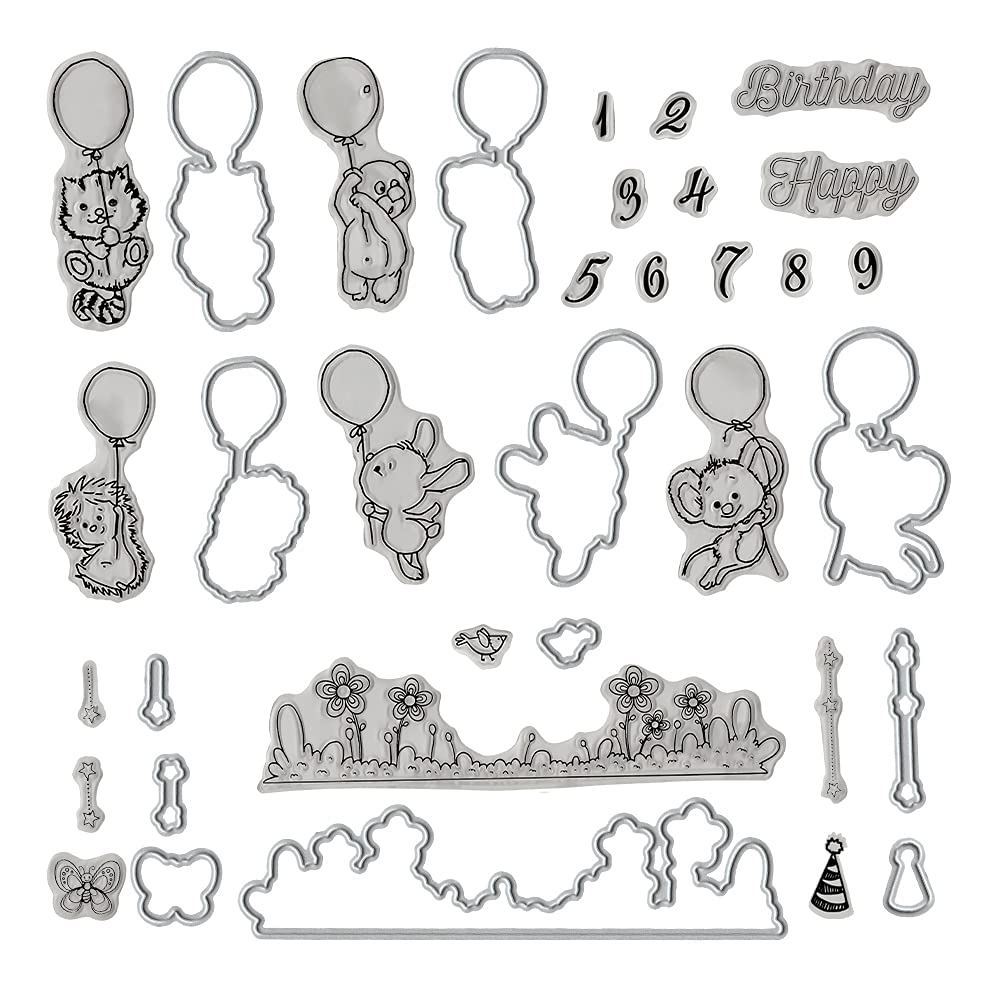 Balloon Mouse Animal Clear Stamps & Metal Cutting Dies Set - Greeting Word Die Cuts & Rubber Seal Stamps for DIY Card Making, Scrapbooking, Photo Album Decor - Perfect for Birthday Cards, Wedding Invitations & Craft Projects