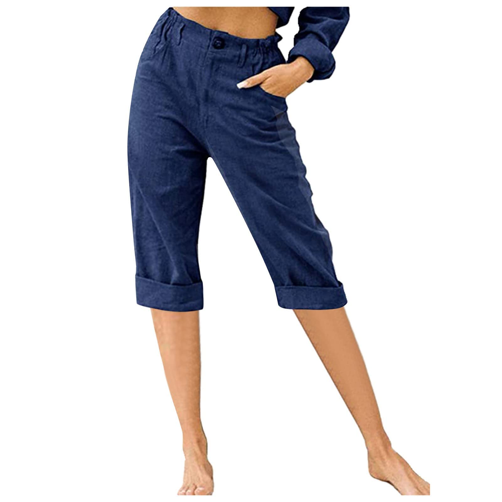 Women's Linen Pants 2024 - Summer High Waisted Stretch Capris, Comfortable Mid Rise Lounge Pants, Boho Chic Trousers for Casual Wear, Yoga, Travel & Beach Outfits