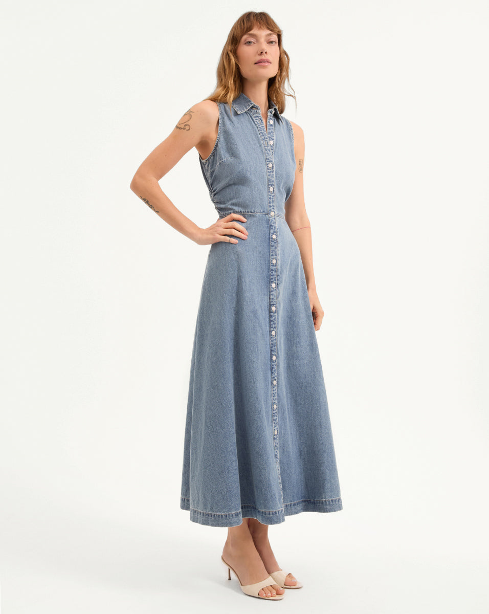 Stylish Fuller Denim Midi Dress for Women - Vintage Inspired Stretch Denim A-Line Skirt Dress - Perfect for Casual Outings, Date Nights & Summer Fashion