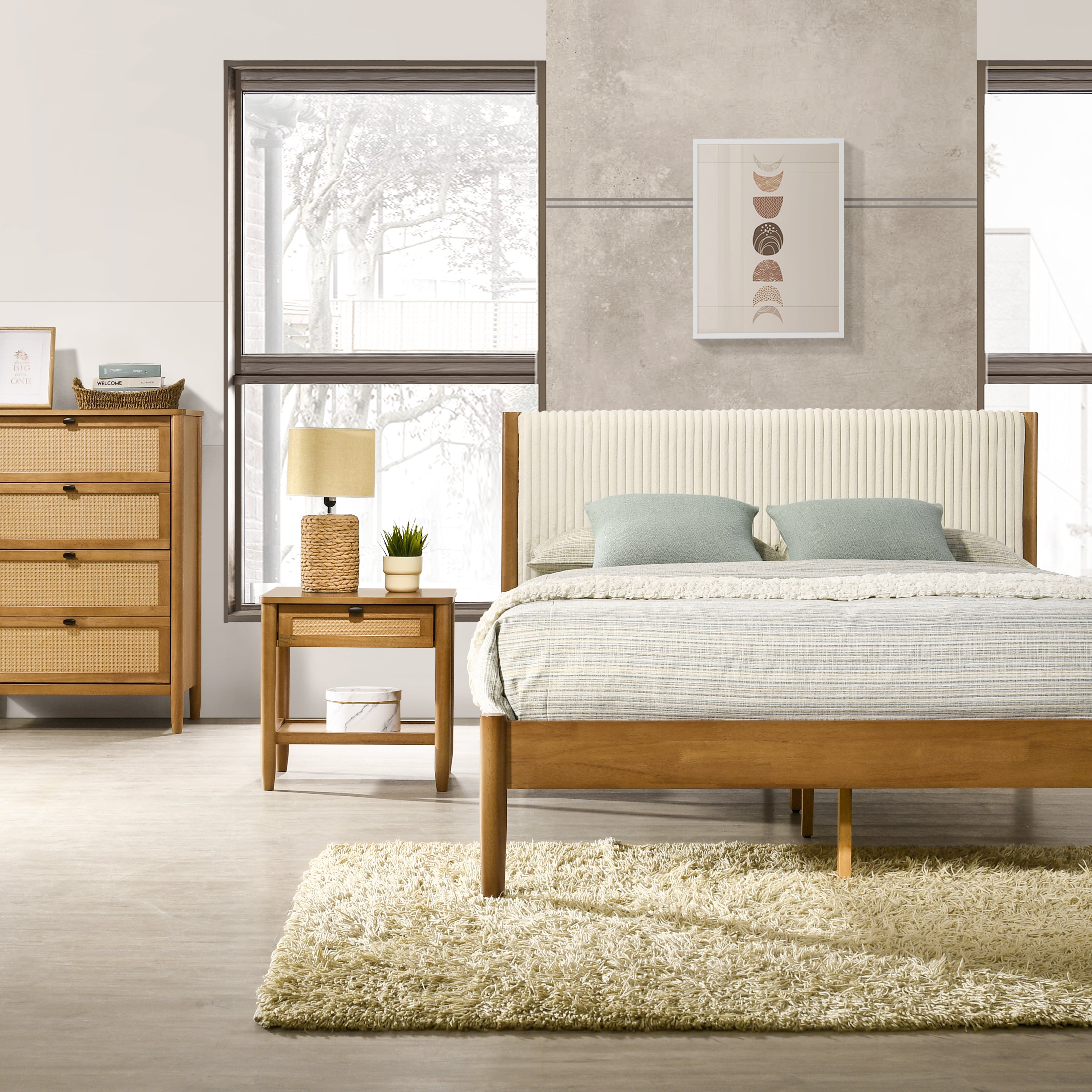 Roundhill Furniture Vichy 6-Piece Rubberwood Bedroom Set - Queen Upholstered Bed, Dresser, Mirror, 2 Nightstands & Chest | Solid Wood Furniture for Master Bedroom, Guest Room & Apartment Decor