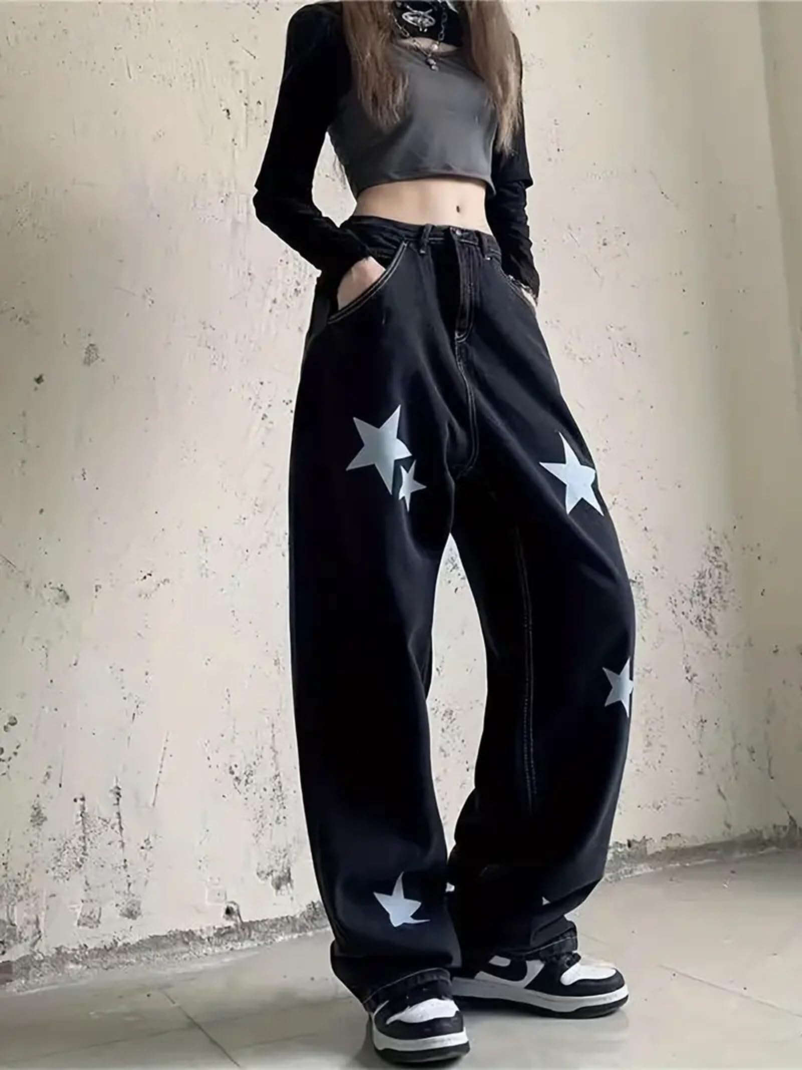 Y2K Star Graphic Goth Jeans - High Waisted Straight Leg Denim Pants for Women | Retro Streetwear Fashion for Concerts, Parties & Casual Outfits