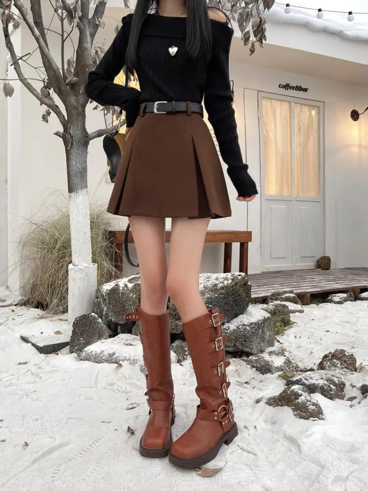 Women's Black Wool Mini Skirt - A-Line Wrap Hip Short Skirt for Autumn Winter | Korean Harajuku Fashion Thick Pleated Skirt | Perfect for Parties, Dating & Casual Outfits